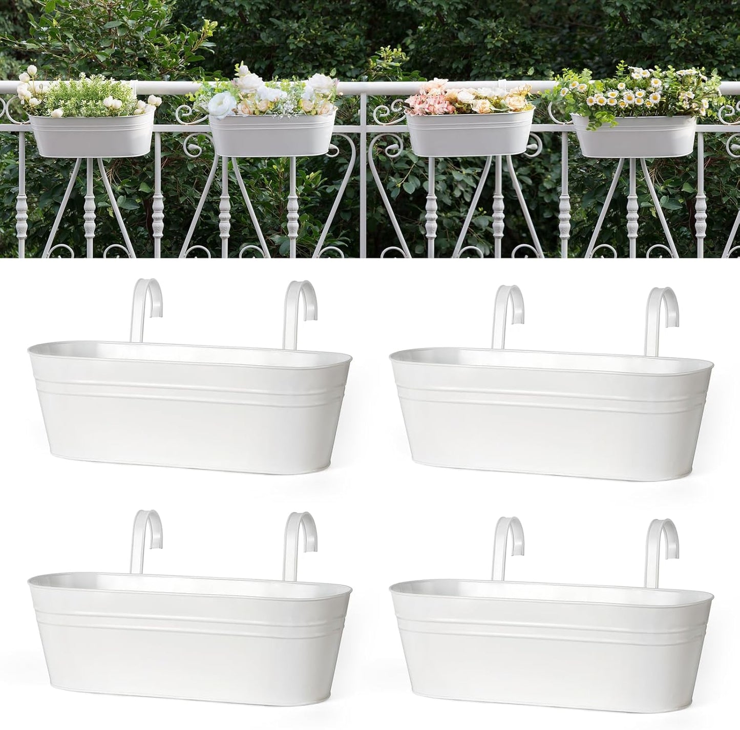 Dahey 4 Pcs Metal Iron Hanging Flower Pots for Railing Fence 15.7 Inch Hanging Bucket Pots Countryside Style Window Flower Plant Holder with Detachable Hooks for Garden Yard Home Decor, White