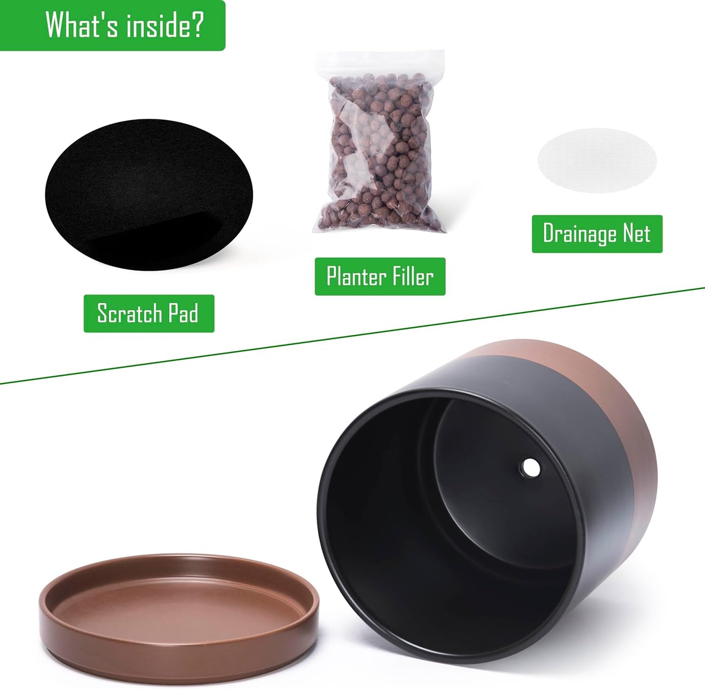 D'vine Dev 6 Inch & 8 Inch & 10 Inch, Set of 3 Round Ceramic Planter Pot with Drainage Hole and Saucer, Black/Speckled Tan, 94-T-L-7