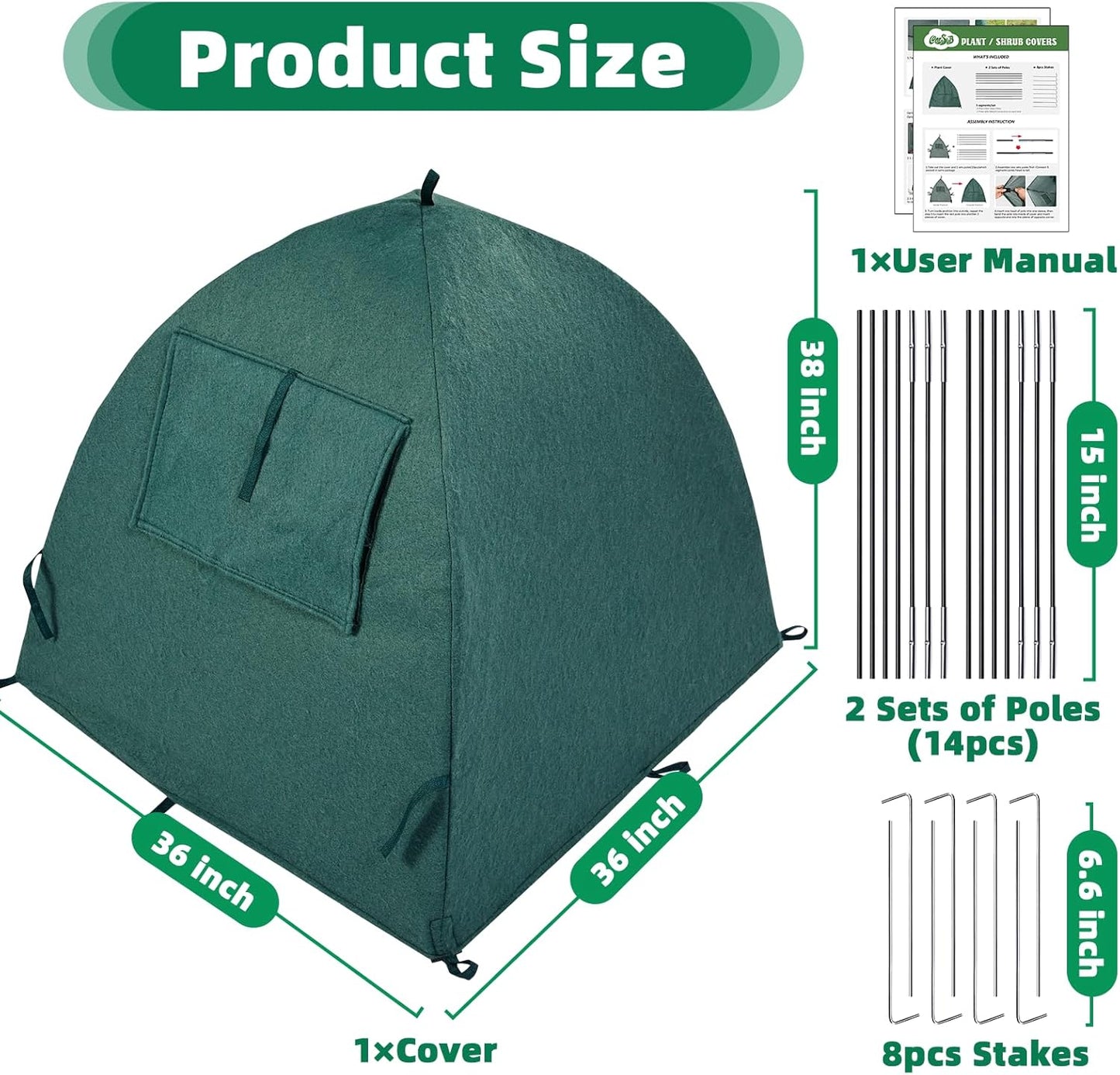 Plant Cover Frost Tent, 36''x36''x38'' Outdoor Garden Fabric Cover with Poles and Stakes for Winter Frost, Shade Cloth Plant Guard for Shrubs, Small Trees, Green