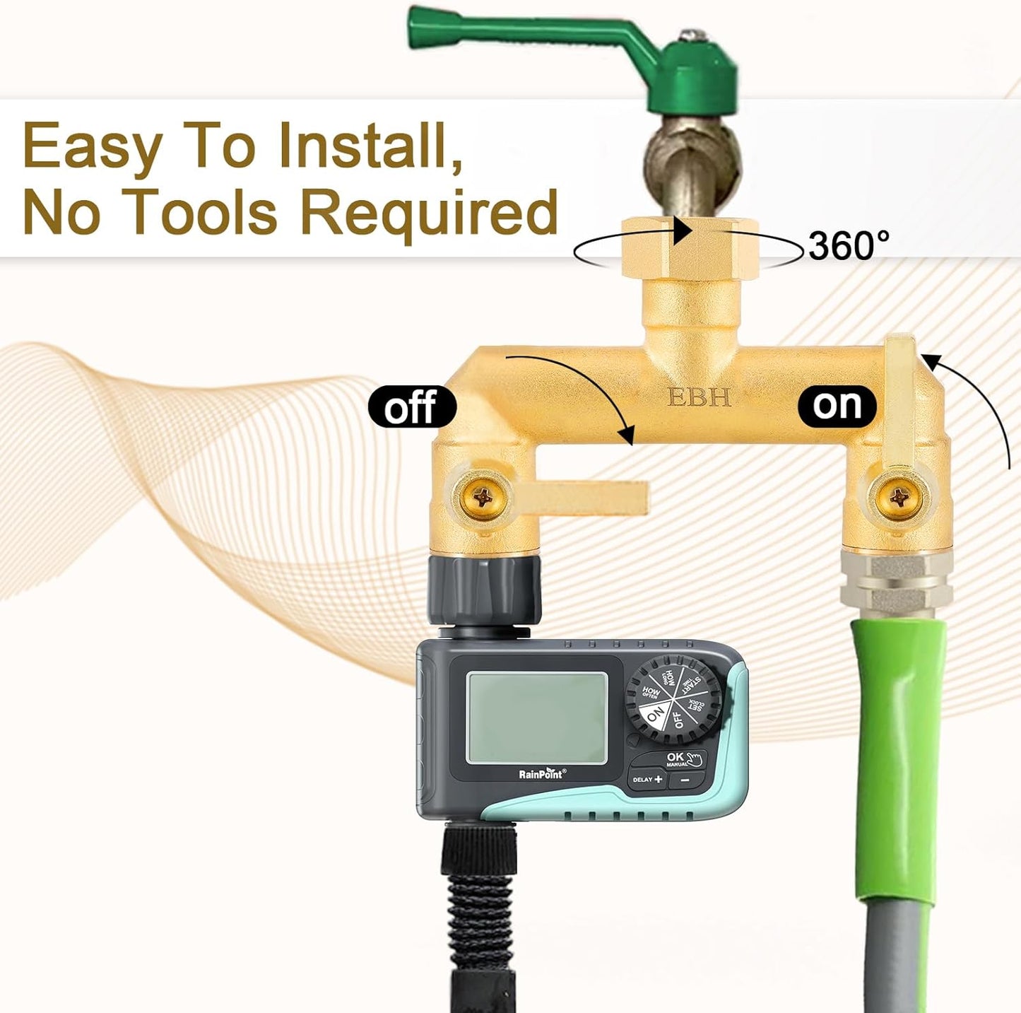 EBH Garden Hose Splitter, Full Flow Outdoor Faucet Splitter, 2-Way High Flow Brass Heavy Duty Hose Splitter with Long Metal Handle。