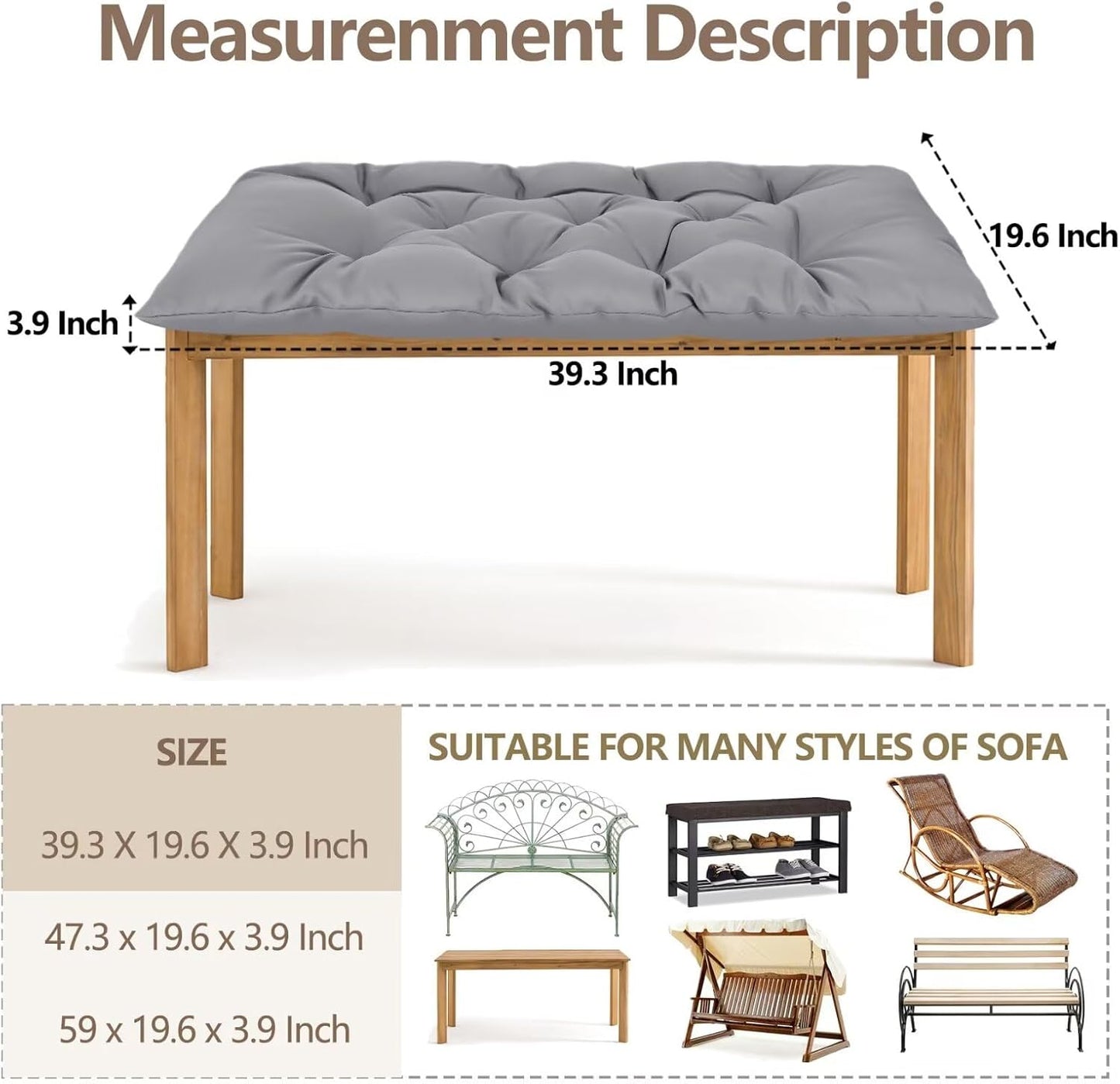 39.3in Waterproof Indoor/Outdoor Garden Bench Seat Cushions，Thicken Patio Bench Soft Rocking Chairs Pad Lounger Seat for Wicker Loveseat Settee（39.3 X 19.10 in,Light Grey ）