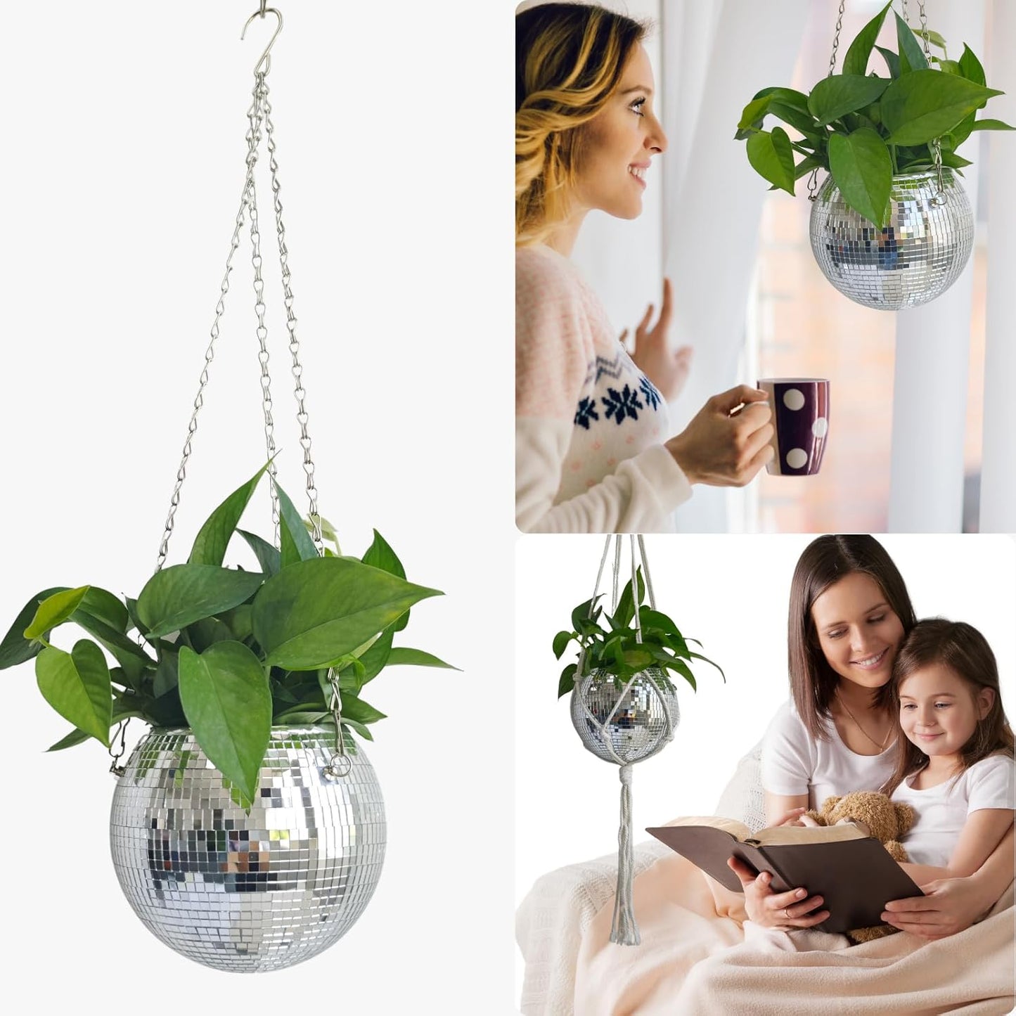 Disco Ball Hanging Plant Pots, Boho Silver Mirror Disco Planter with Chain Hook and Macrame Rope for Indoor Outdoor Decor and Wooden Stand for Desk,Self Watering Insert Pots