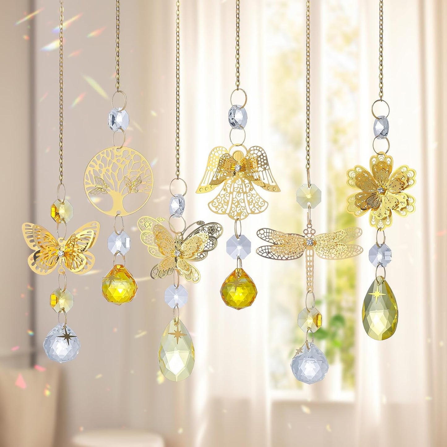 6pcs Yellow Crystal Suncatchers for Window Hanging Ornaments Garden Sun Catchers with Crystals Rainbow Maker Indoor Outdoor Decor