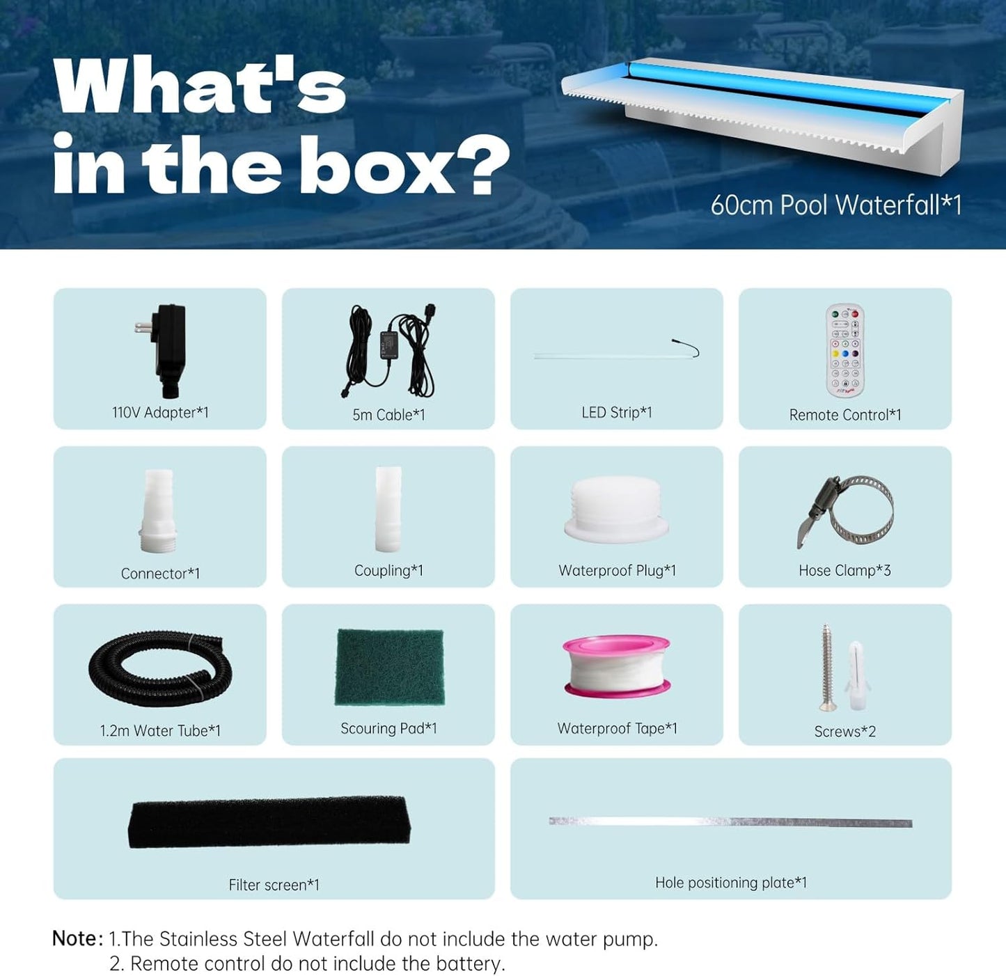 Waterfall Spillway Stainless Steel Pond Waterfalls with Color Changing LED Light, Outdoor Pool Fountain Water Feature Kit for Garden Patio Swimming Pool Koi Ponds Decor-24"x8"x4"