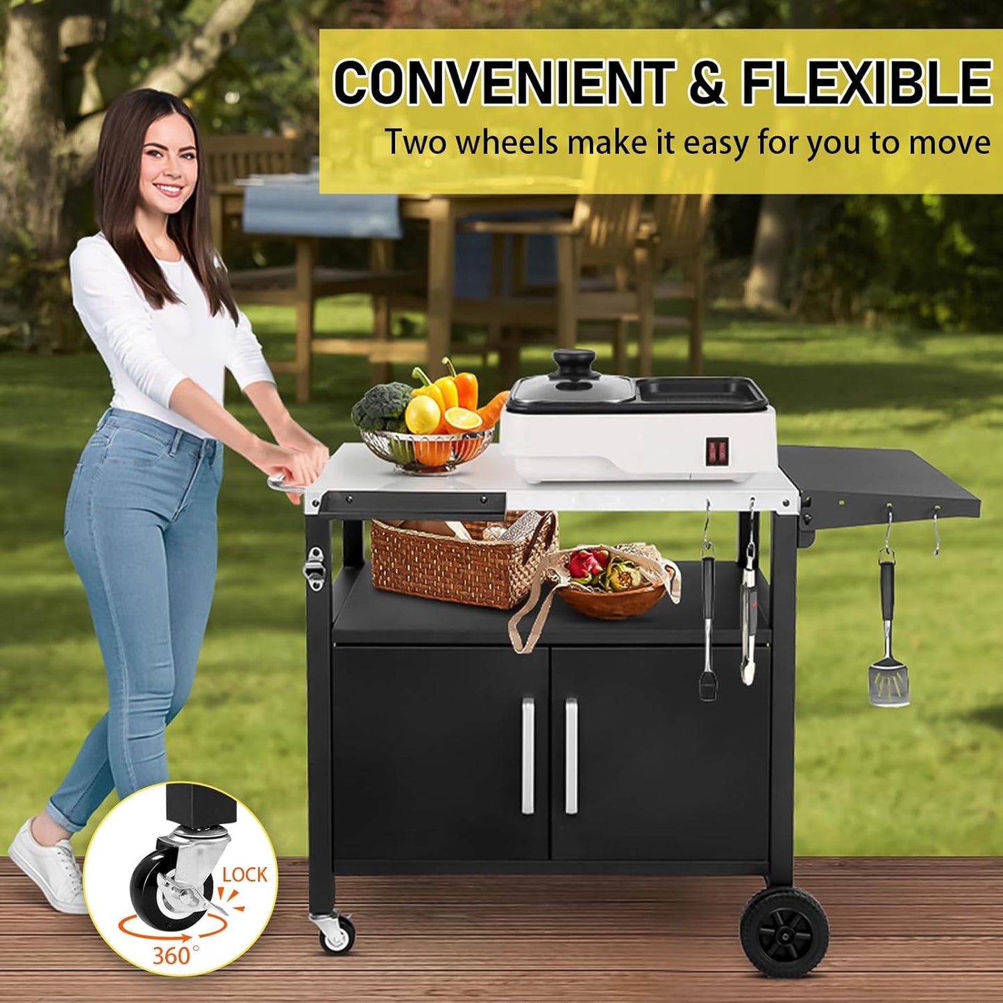 Outvita Outdoor Grill Cart with Storage, Bar Patio Kitchen Island Outdoor Grill Table, BBQ Cart Movable Pizza Oven Table Stand with Wheels, Stainless Steel Top, Side Handle & Storage Cabinet, Foldable