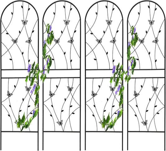 4 Pack Metal Garden Trellis for Climbing Plants, 86.7" Tall Rustproof Outdoor Trellis Panel with Butterfly Design, Decorative Black Iron Plant Support for Vine, Rose, Flower, Garden Wall