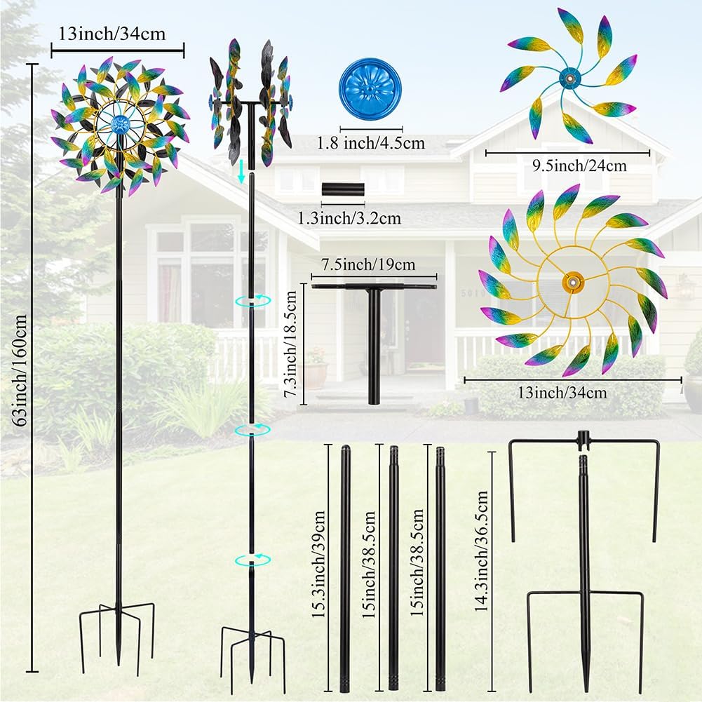 DREAMSOUL 360° Wind Spinners Outdoor with Metal Stake, Kinetic Two-Way Wind Spinners for Yard and Garden Decor (63 * 13 Inches)