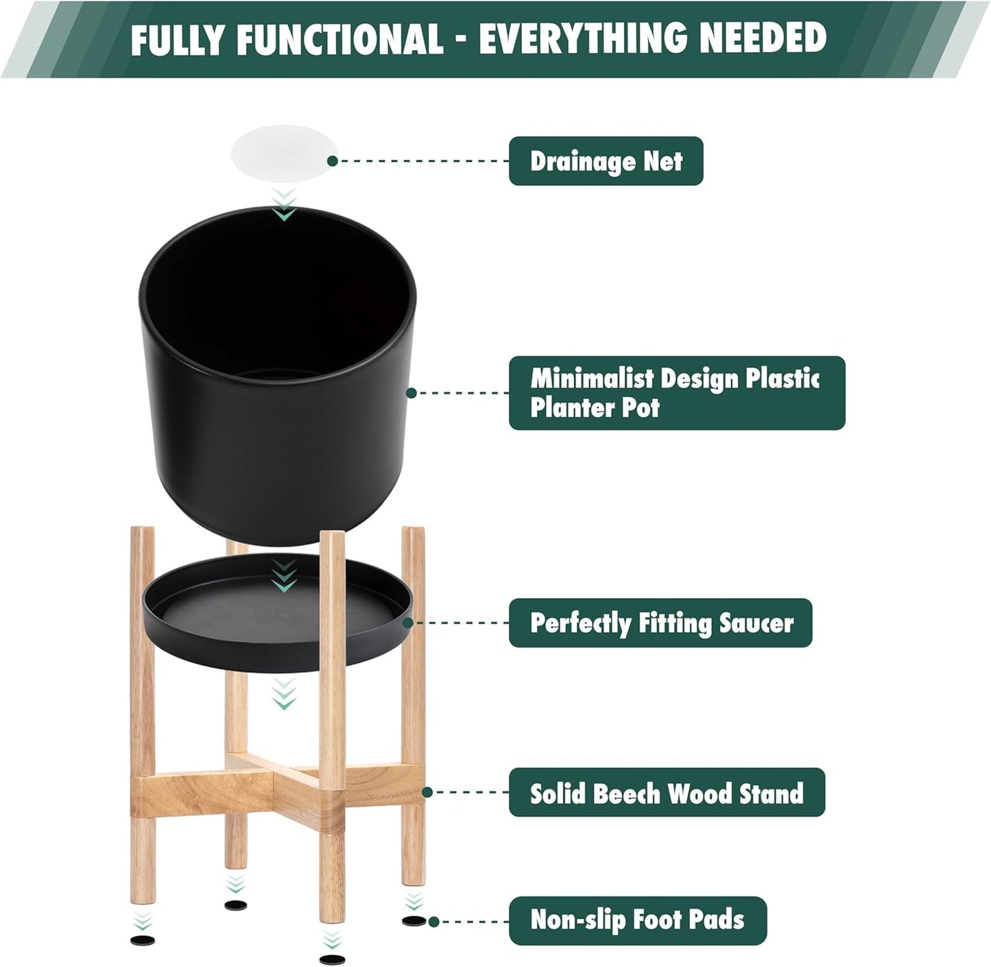 D'vine Dev Planter Pot with Stand - 10 Inch Plastic Cylinder Flower Pot with Wood Planter Holder for Indoor, Matte Black Pot + Natural Stand, 55-C-M-2