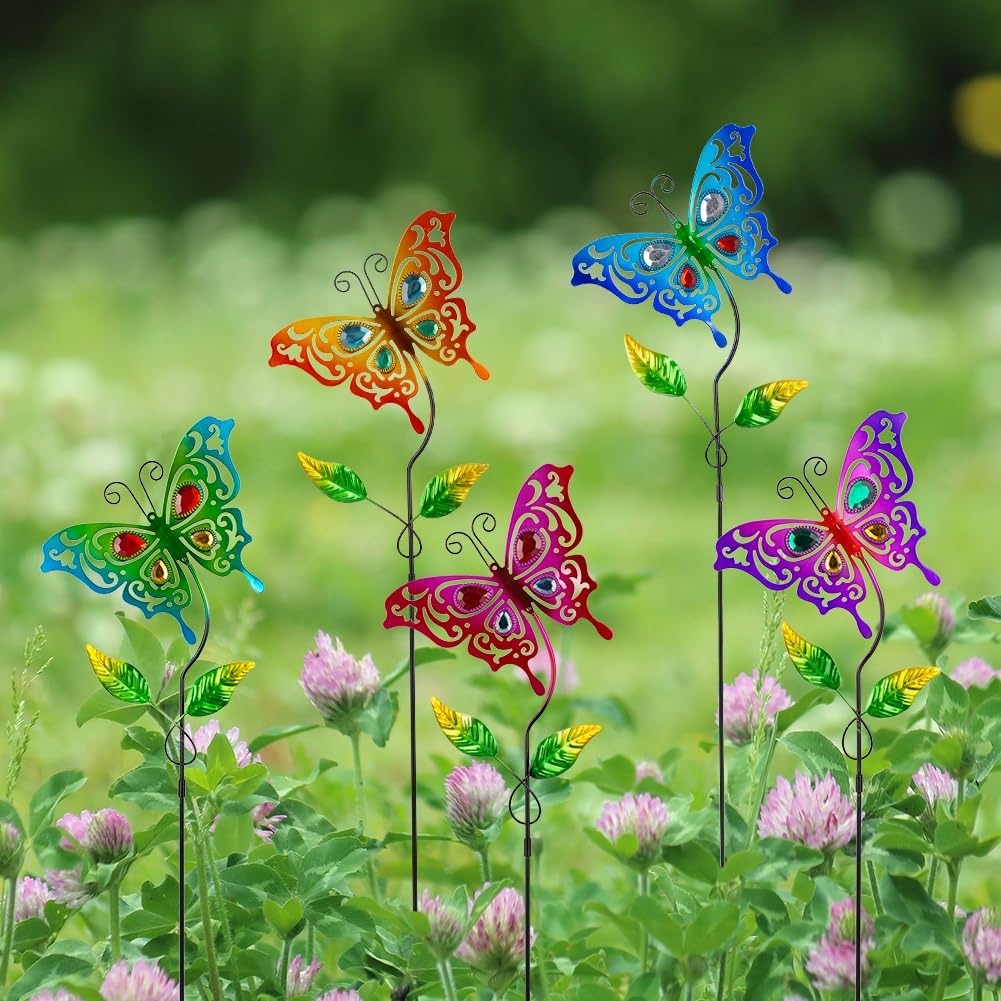 Butterfly Garden Decor for Outside,Colourful Butterfly Decorations Garden Kit 5 Pcs with Gems,Metal Yard Art Outdoor Garden Stakes Decorative Patio Home Decor
