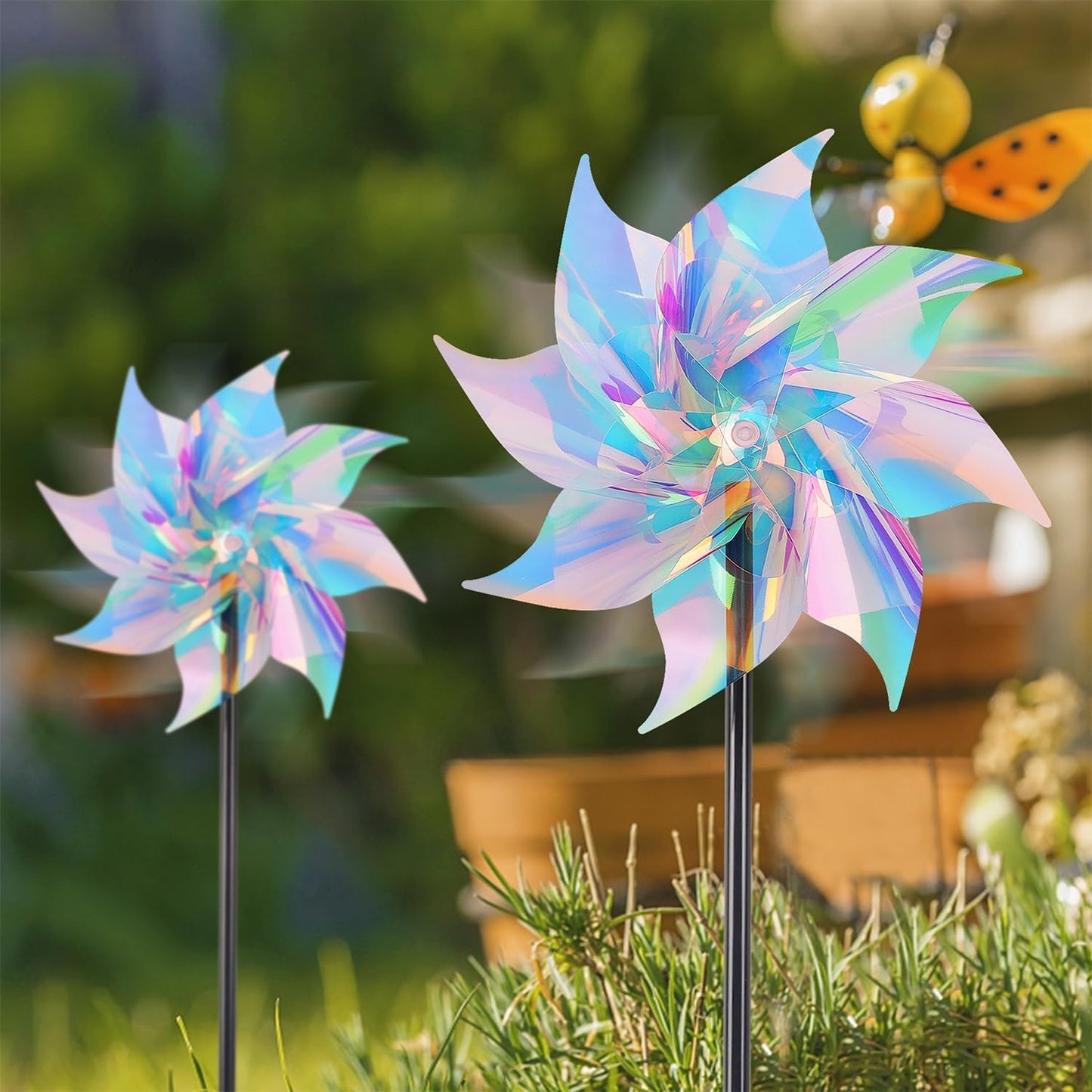 Hausse 10 Pack Reflective Pinwheels Wind Spinner, Extra Sparkly Pinwheel with Stakes, Bird Repellent Blinder Devices Deterrent to Scare Birds Away from Yard Patio Farm Garden, Transparent Rainbow