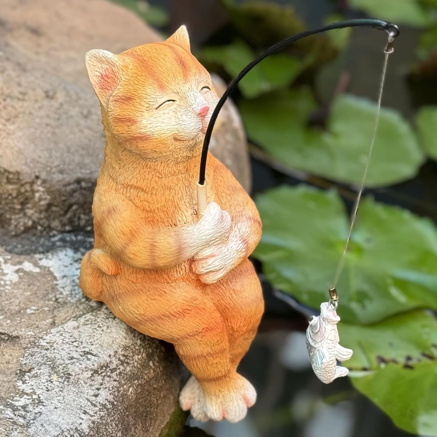 Cat Decoration for Yard Outdoor Garden Decor 9.7 Inch Tall Fishing Cat Statue for Koi Pond, Waterfalls or Poolside Ornaments, Fisher Guy Cat Figurine Pond Decor, Gift for Mom & Women