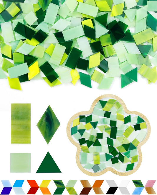 FIVEIZERO 260g Glass Mosaic Tiles for Crafts - 300 Pieces Tiny Mosaic Tile Kit, Irregular Pieces for DIY Craft Jewelry, Coaster Art & Mosaic Kits (Green)