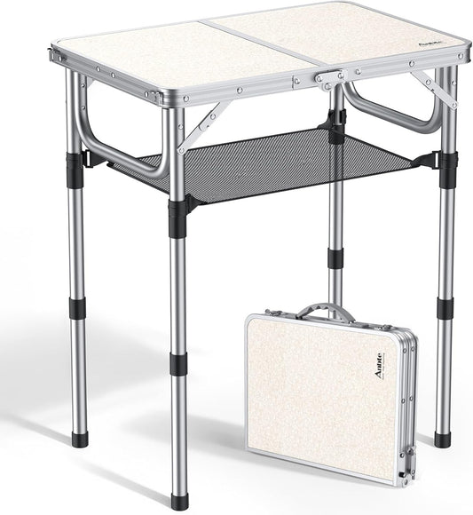 Folding Camping Table, Aluminum 24" x 16" Adjustable Height Small Folding Table with Carrying Handle, Lightweight, Portable Camping Table Waterproof for Outdoor Indoor Picnic Beach BBQ, Silver