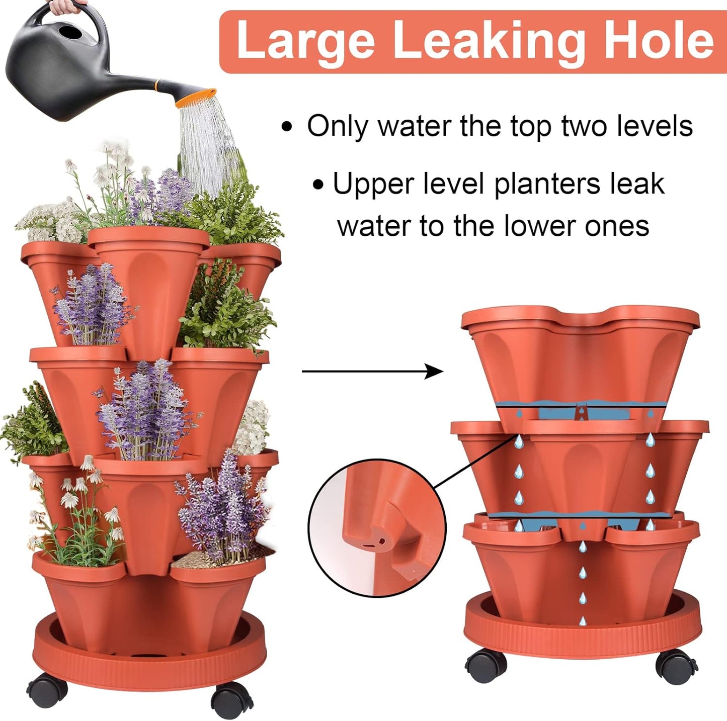 DUNCHATY Stackable Planters 4 Tier Vertical Garden Planting Tower Planters Strawberry, Herb, Flower, and Vegetable Planter Indoor Outdoor Gardening Pots with Removable Wheels and Tools