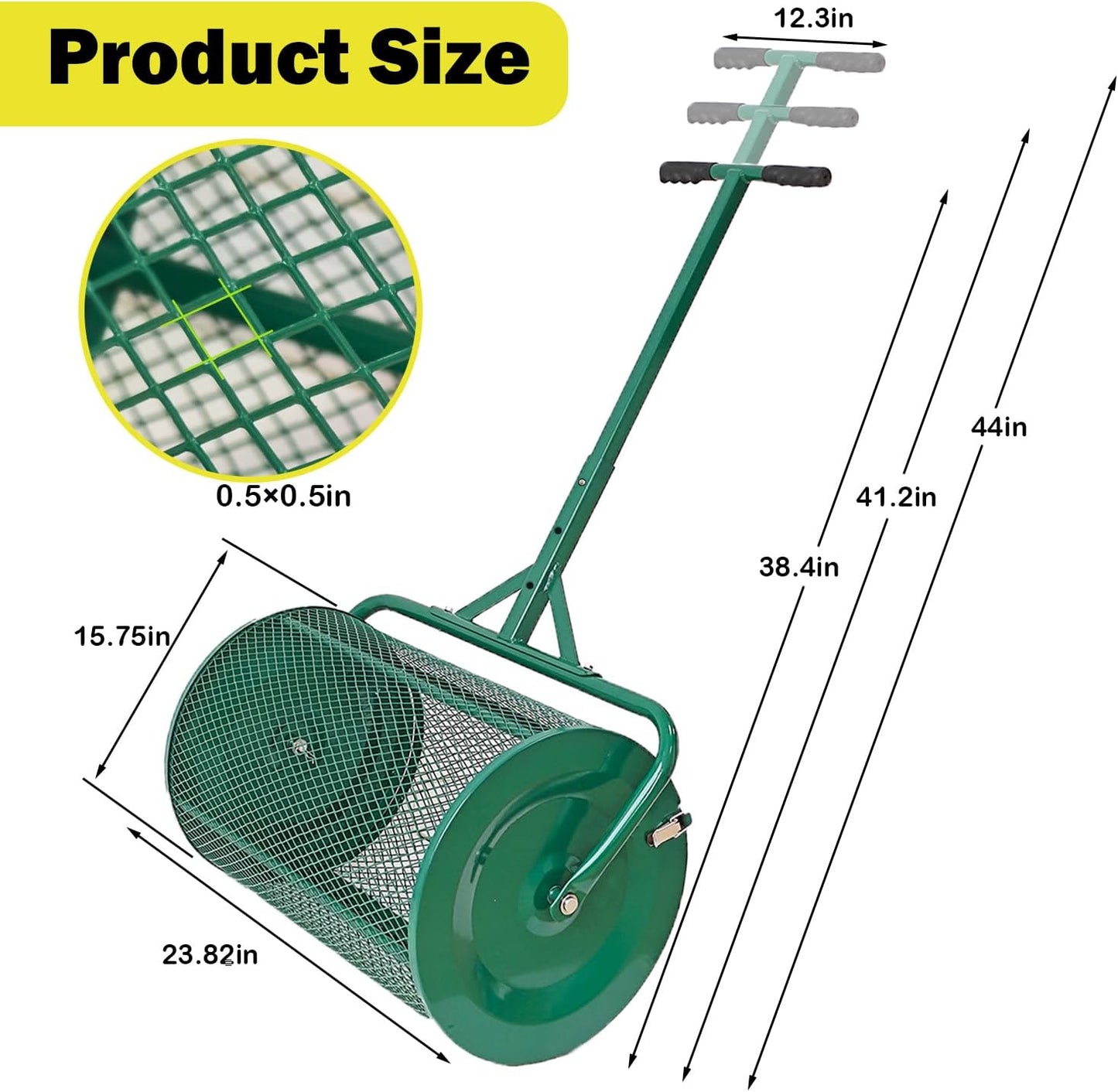 Compost Spreader, 24" Peat Moss Spreader, Roller Lawn Spreader with 3 Heights T Shaped Handle, Side Latches Powder Coated Steel Mesh Basket, Lawn & Garden Spreader for Spreading Manure Topsoil, Green