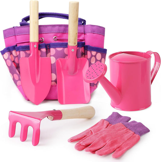 Kids Gardening Tools Set, Toddler Play Kit Child Outdoor Toy with Gloves, Watering Can, Metal Shovel, Rake, Spade & Storage Bag, Backyard Sand Digging Birthday for Boys Girls 3-5 (Pink)