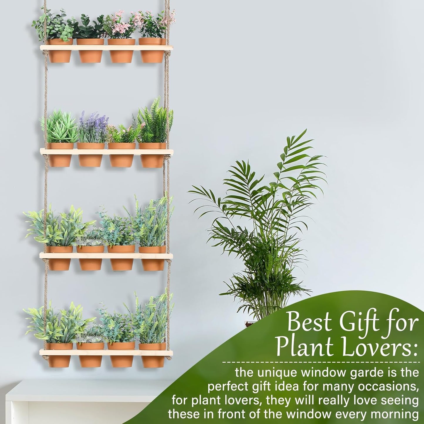 4 Tiered Window Plant Shelves Hanging Herb Planter Indoor Display with 16 Pcs Flower Pots Wood Window Plant Hanger for Grow Herbs Succulents Microgreens Seedling Organization