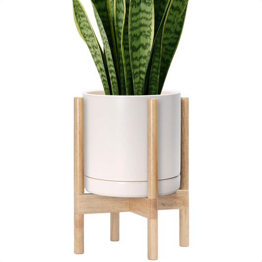 D'vine Dev Ceramic Planter with Natural Stand - 10 Inch Modern Round Flower Pot with Wood Planter Holder, Oatmeal, 55-B-K-8