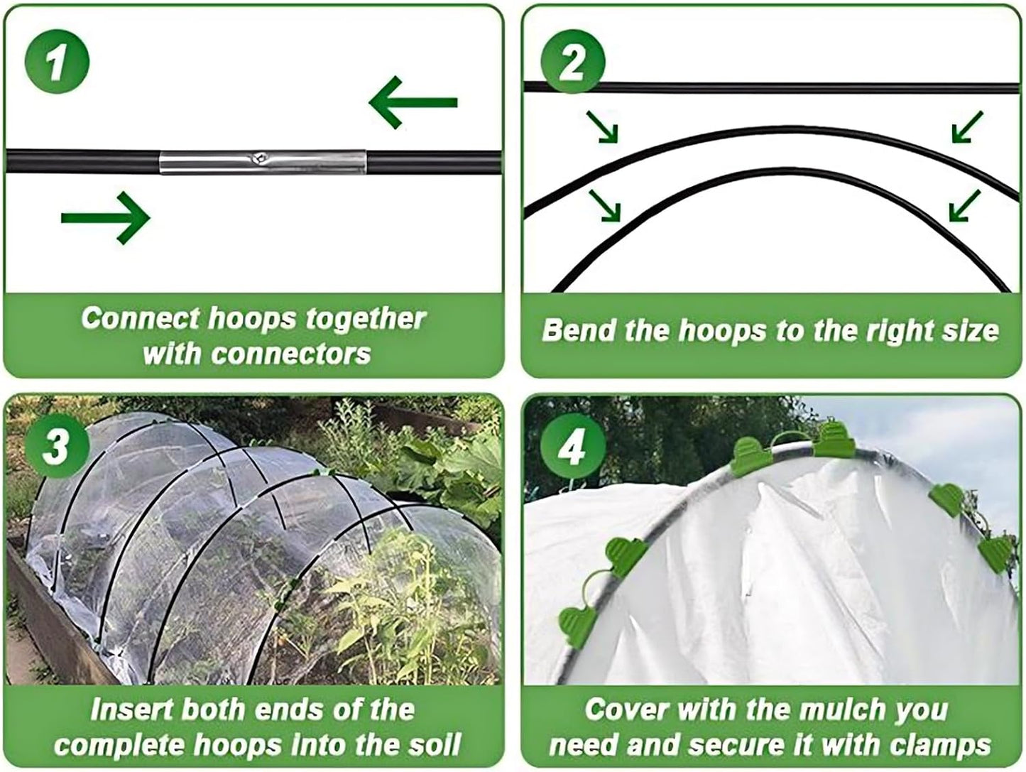 Greenhouse Hoops Grow Tunnel 60 Pcs 16 Inch Up to 12 Sets of 7ft Long Plastic-Coated Rust-Proof Fiberglass Garden Hoops for Raised Beds with 50 Pcs Metal Connect Pipes and 40 Clamps