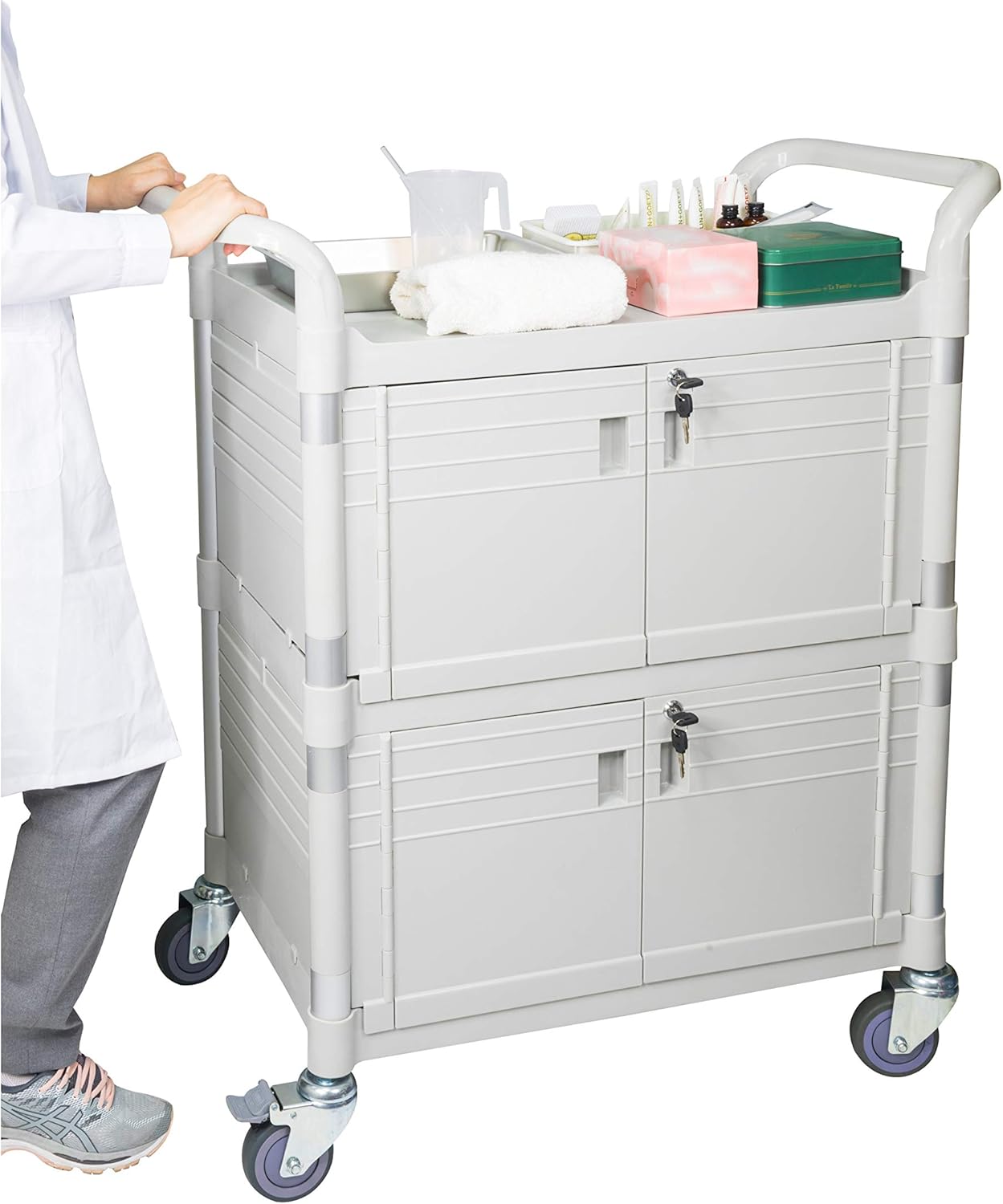 JaboEquip Large Lockable Medical Cart 3 Shelf Hospital Cart Overall Size L34.43xD19.69 inch, JBG-3D2, 606 lbs Load Cap. Off-White (Light Grey) Color