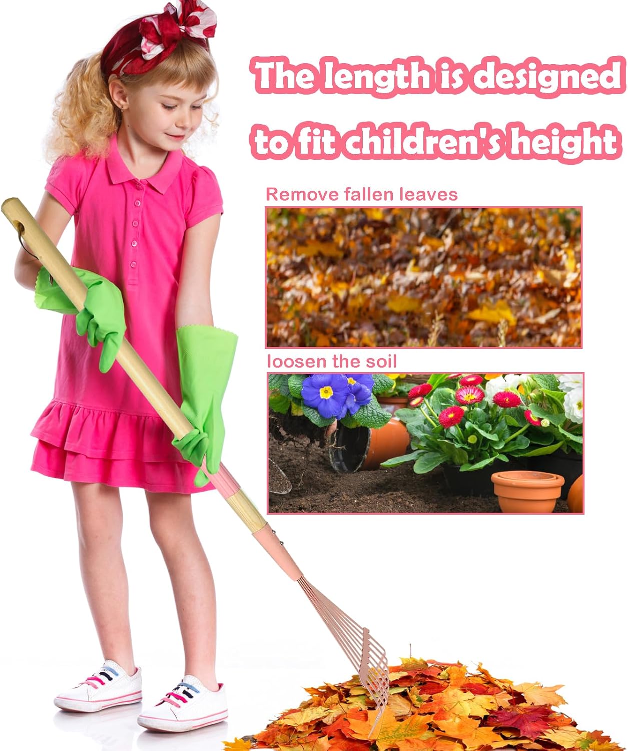 Kids Leaf Rake-Small Wooden Handle Leaf Rake with Metal Tines, 27inches /69cm Length, for Kids Enjoy Garden Cleaning Activities (Pink)