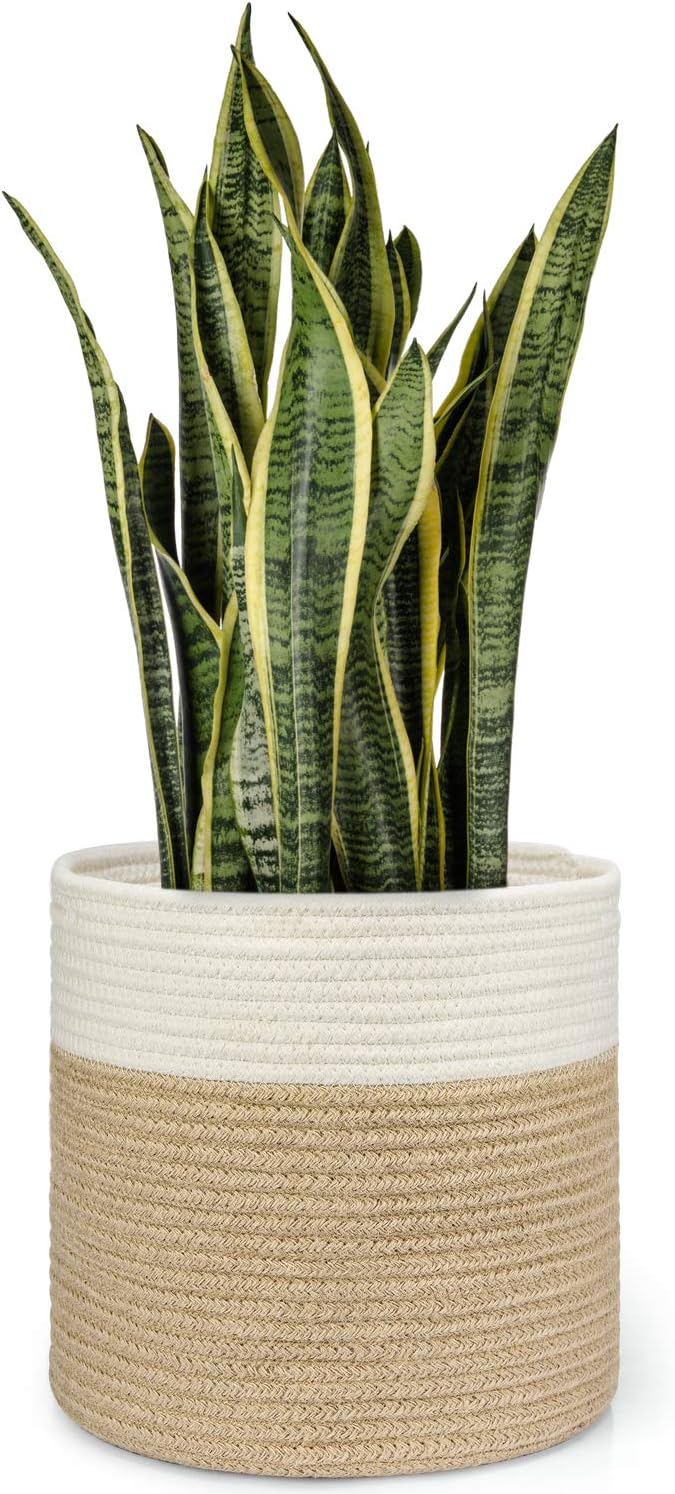 Dahey Jute Spliced Cotton Rope Plant Basket Modern Woven Storage Basket for 10.5" Floor Indoor Planter, Decorative Flower Pots Cover Laundry Bin with Handle Rustic Home Decor, White and Beige