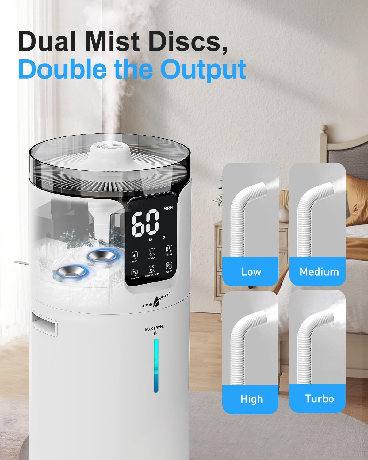 Humidifier Large Room, 4.2 Gal/16L Large Humidifier for 1500 sq.ft, 360° Nozzles Cool Mist Ultrasonic, Top Fill Tower Humidifiers for Bedroom Office Plant wholehouse with Extension Tube, Night Light