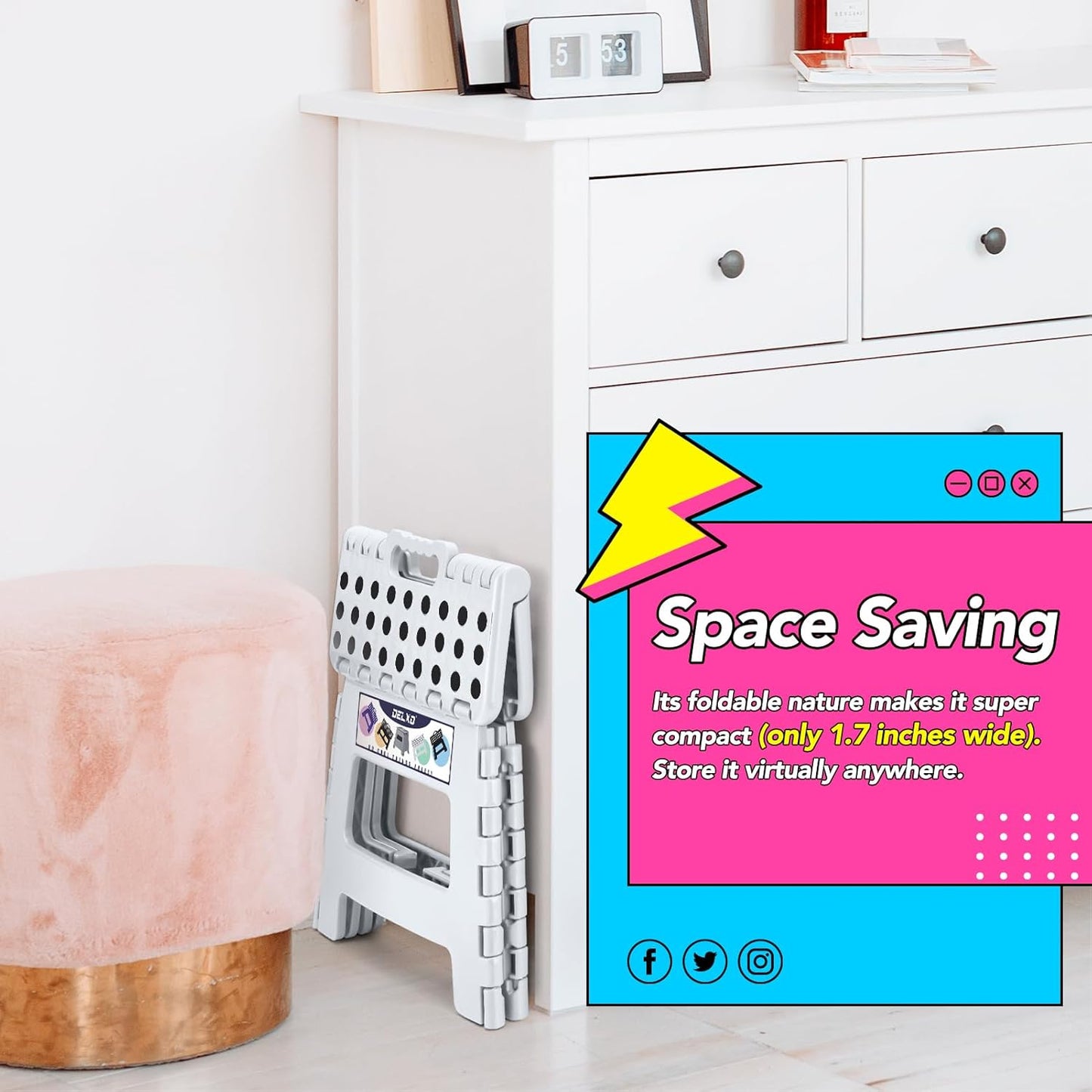 Delxo 9 Inch Folding Step Stool,White Step Stools for Kids Foldable,Portable Collapsible Step Stool with Handle, Folding Stool for Kitchen Bathroom,Bedroom,Garden