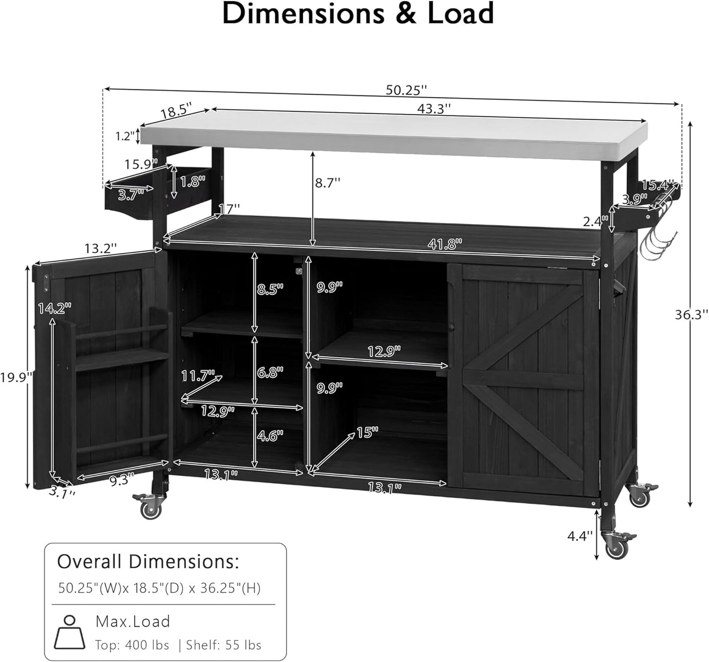 Outdoor Grill Carts for Patio Graden BBQ with Storage Cabinet, Home Rolling Kitchen Island Bar Cart with Stainless Steel Top, Food Prep Table with Shelves, Spice Rack & Towel Holder (Black)