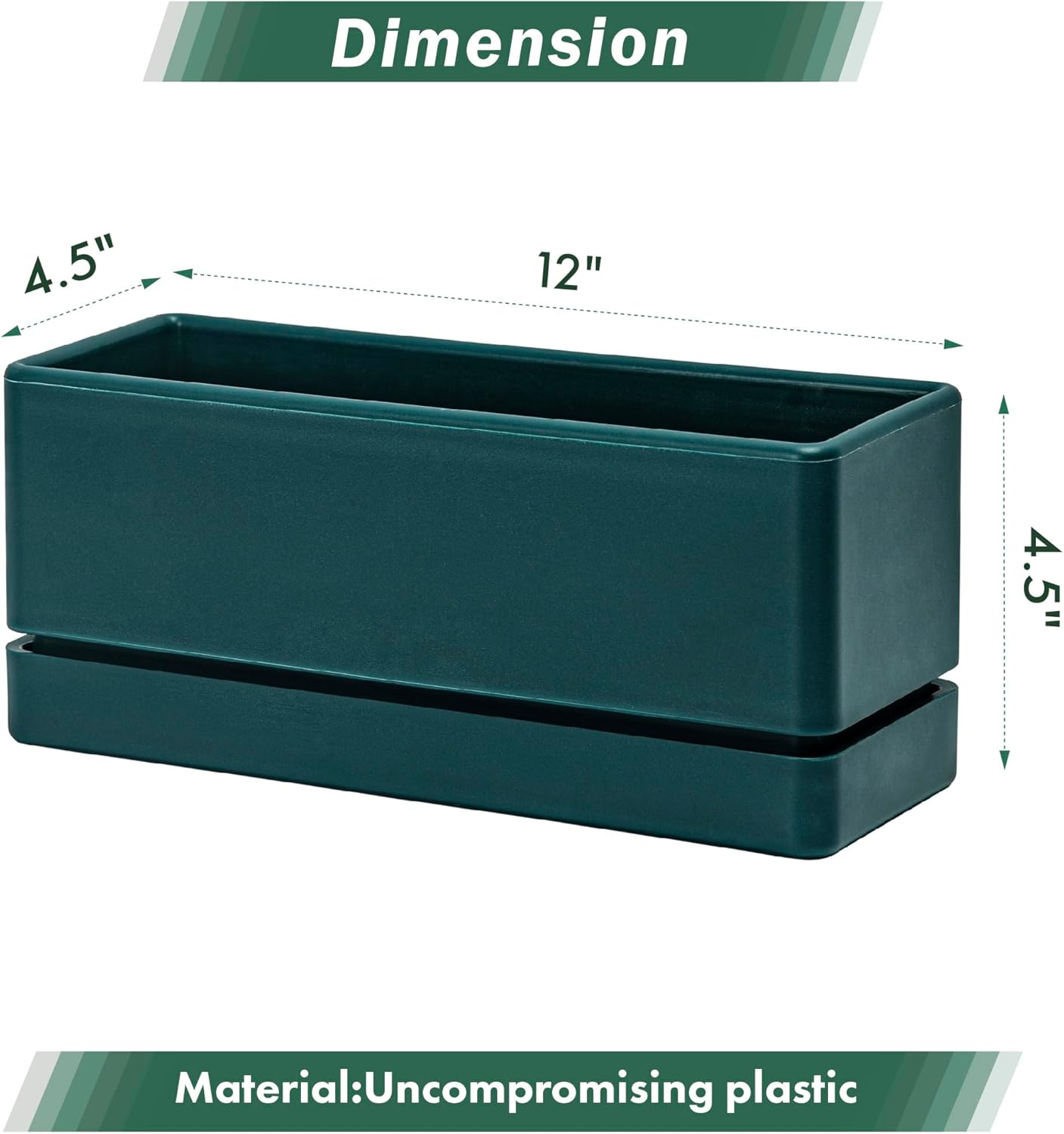D'vine Dev 12 Inch Window Box Planter, Rectangle Plastic Herb Planter with Drainage Holes and Saucer, Indoor Succulent Cactus Vegetable Pot for Windowsill, Garden Balcony, Green, Set of 1, 76-X-C-1