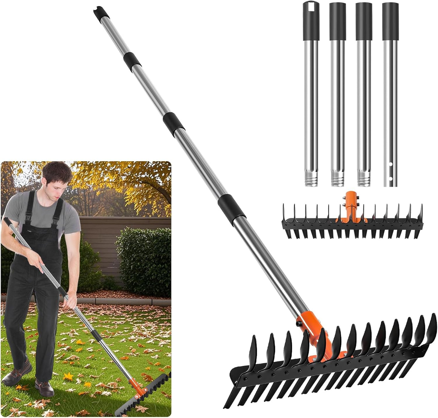57-Inch Thatch Rake - Professional Dethatcher & Soil Aerator with 15" Steel Tines, Detachable Handle for Lawn Thatching and Compacted Soil Removal