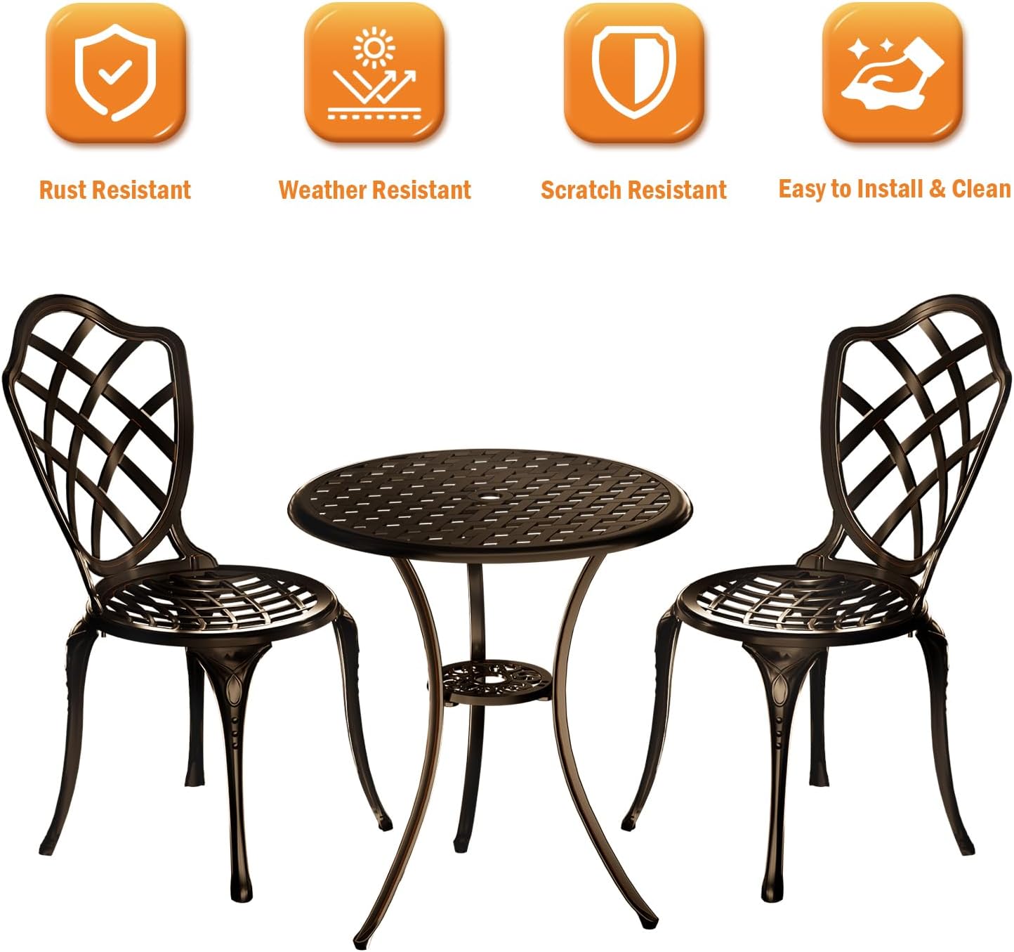 3 Piece Patio Bistro Set, Outdoor Bistro Table and Chairs Set of 2 w/Umbrella Hole, Rust-Resistant Cast Aluminum Bistro Set for Garden/Balcony/Backyard, Bronze
