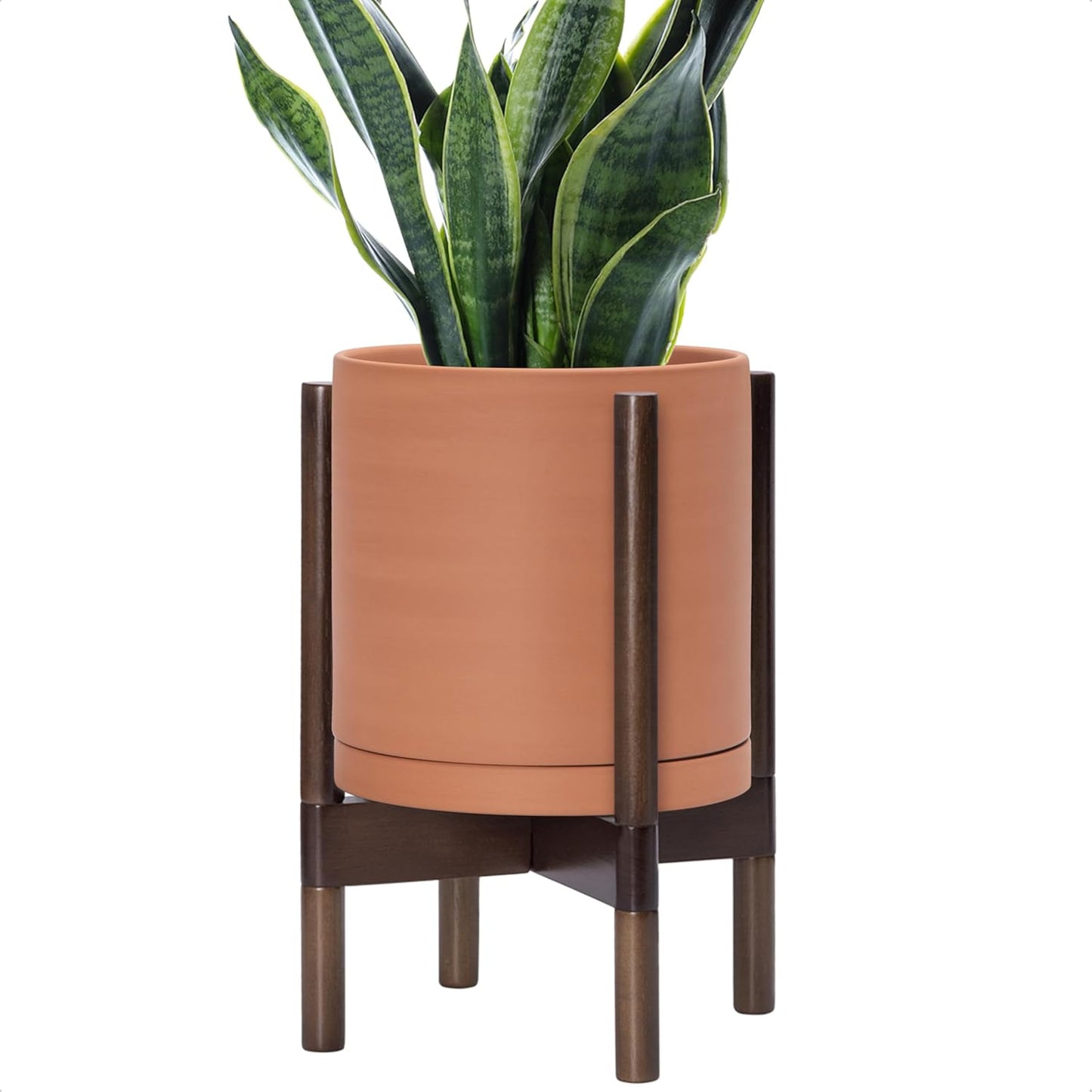 D'vine Dev Terracotta Planter with Walnut Color Stand - 10 Inch Modern Round Flower Pot with Wood Planter Holder, Terracotta, 55-B-X-5