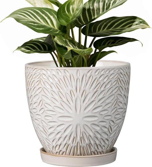 G EPGardening 7 Inch Plant Pot for Indoor Plants Outdoor Round Ceramic Planter Decorative Flower Pot with Drainage Hole and Saucer White