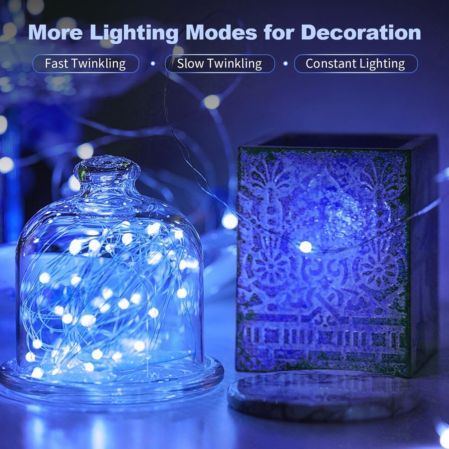 20 Pack LED Fairy Lights Battery Operated,3 Features Blinking Slowly Blinking & just on 7FT 20 LED Waterproof Mini Twinkle String Lights for Wedding Mason Jars Party Christmas Decorations,Blue