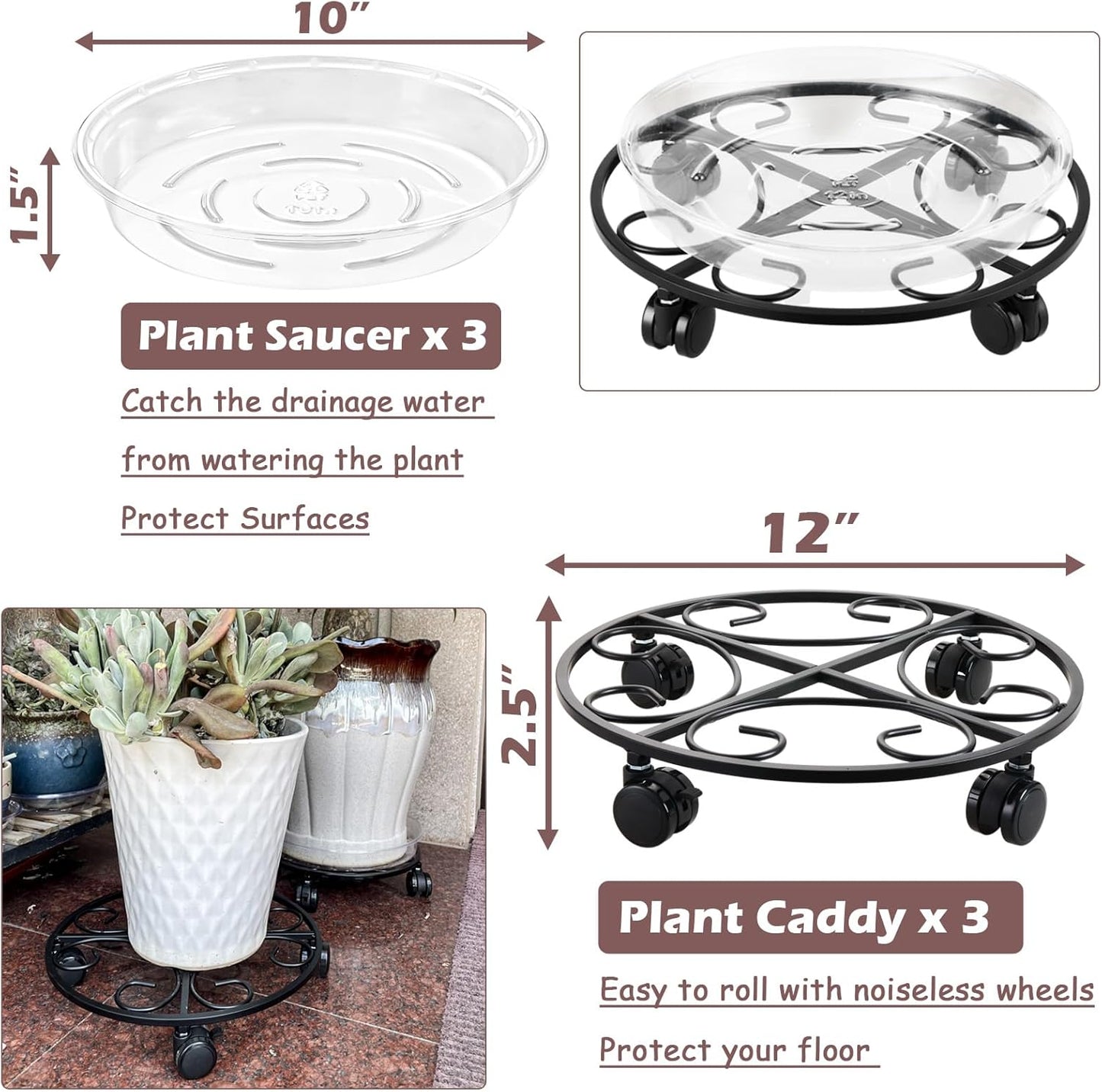 3 Packs 12" Metal Plant Caddy with Wheels Large Rolling Plant Stands Indoor Wheeled Plant Dolly Heavy-duty Pot Mover Roller Base Outdoor Plant Trolley Cart with Casters Water-proof Dust-proof, Black