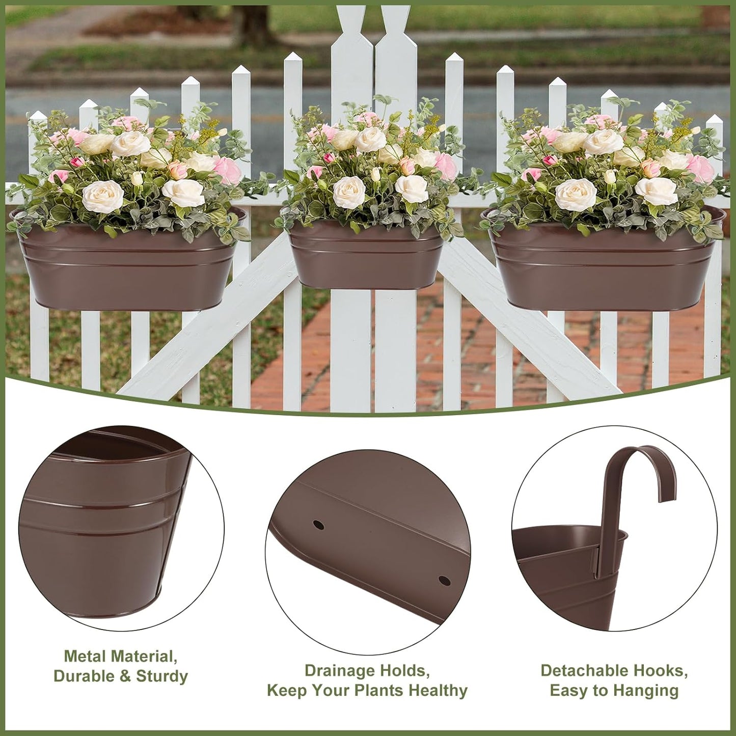 3 Different Size Metal Iron Hanging Flower Pots 10 Pcs for Outdoor Plants Metal Hanging Bucket Pots Iron Railing Fence Planter with Drainage Holes and Hooks for Porch Railing Balcony Fence (Bronze)