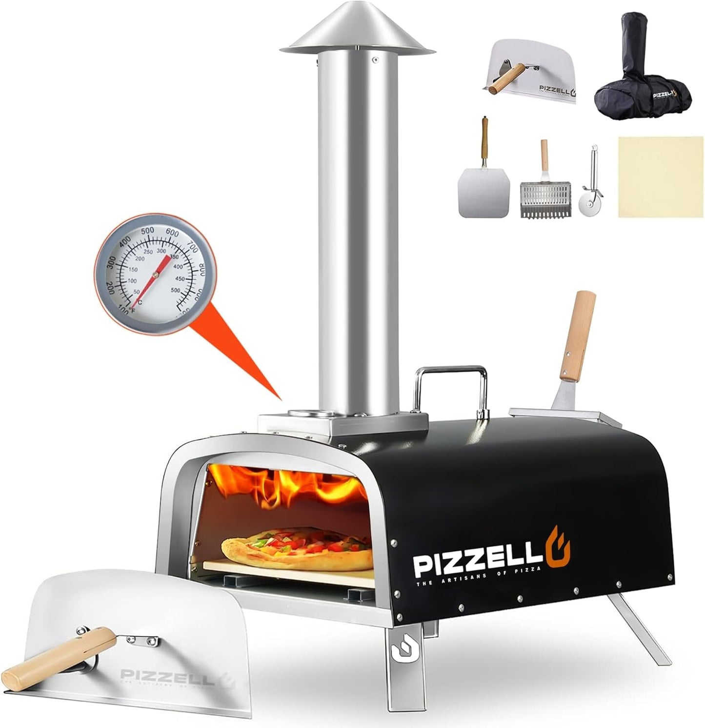 Portable Pellet Pizza Oven Outdoor Wood Fired Pizza Ovens Included Pizza Stone, Pizza Peel, Fold-up Legs, Cover, Pizzello Forte (Black)