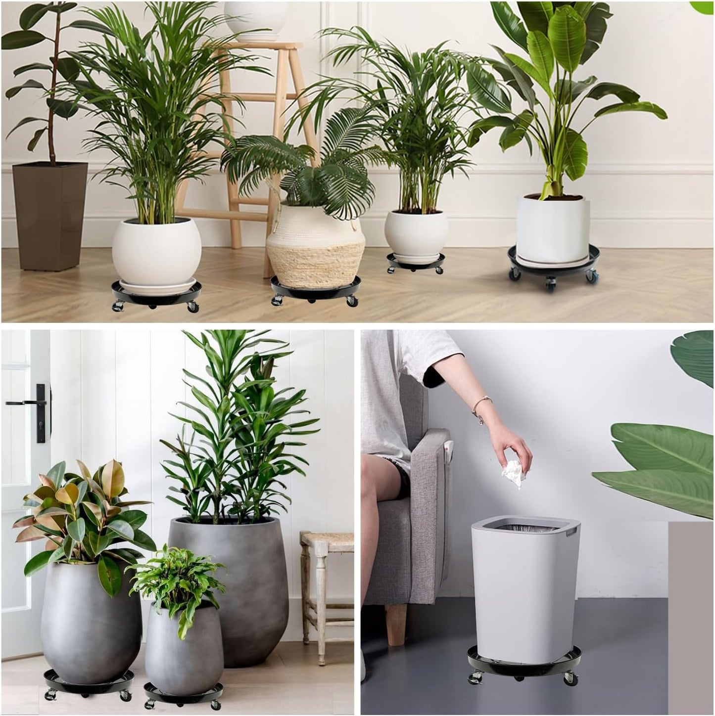 3 Pack Metal Plant Caddy with Wheels 16 Inch Black, Round Rolling Heavy Duty Plant Dolly, Heavy Plant Pot Mover Outdoors or Indoors, The Metal Wheel Can Rotate 360 Degrees or Lockable.