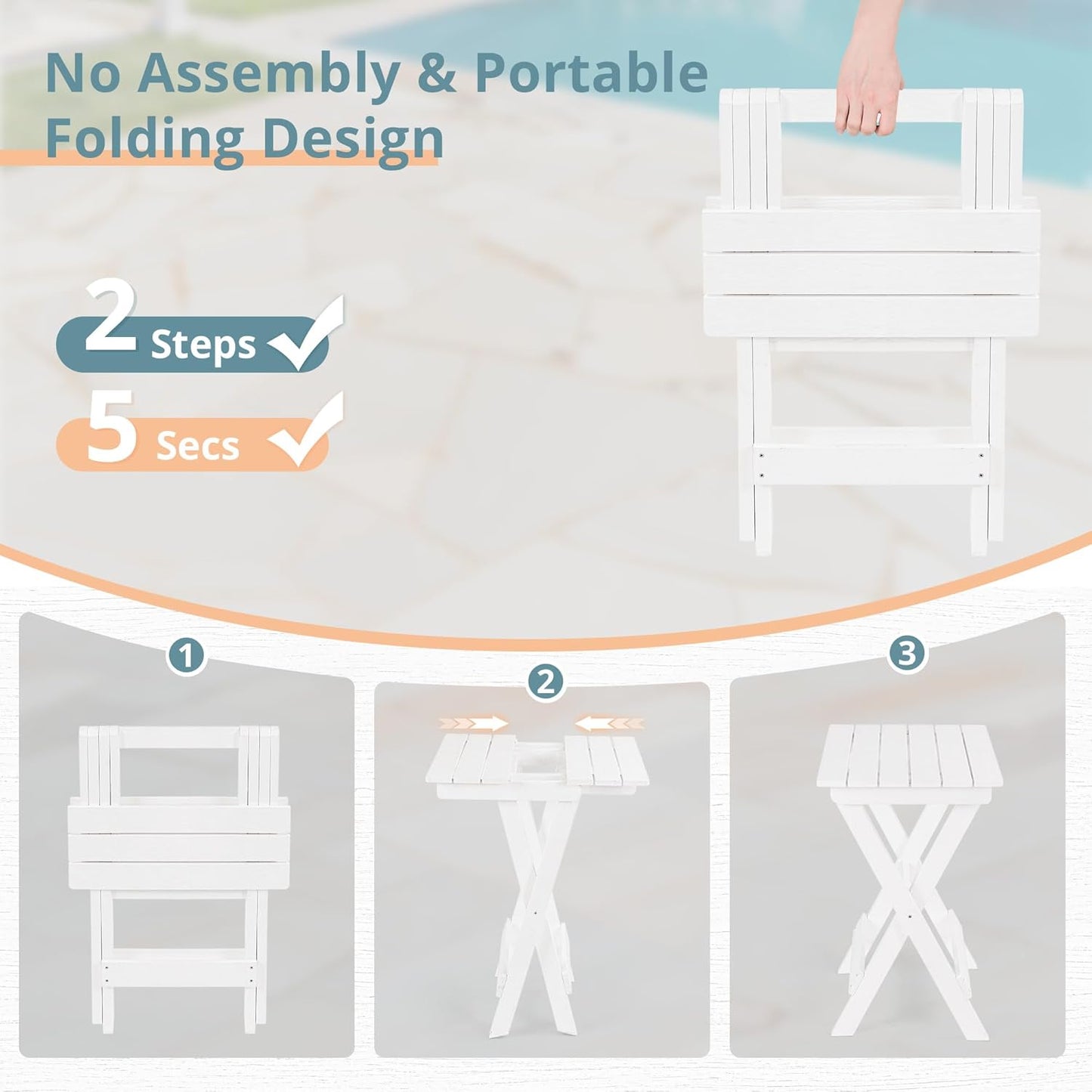 LUE BONA 27 inch Folding Side Table, HDPS Outside End Table for Patio, Porch, Deck, Pool, Weather Resistant, White
