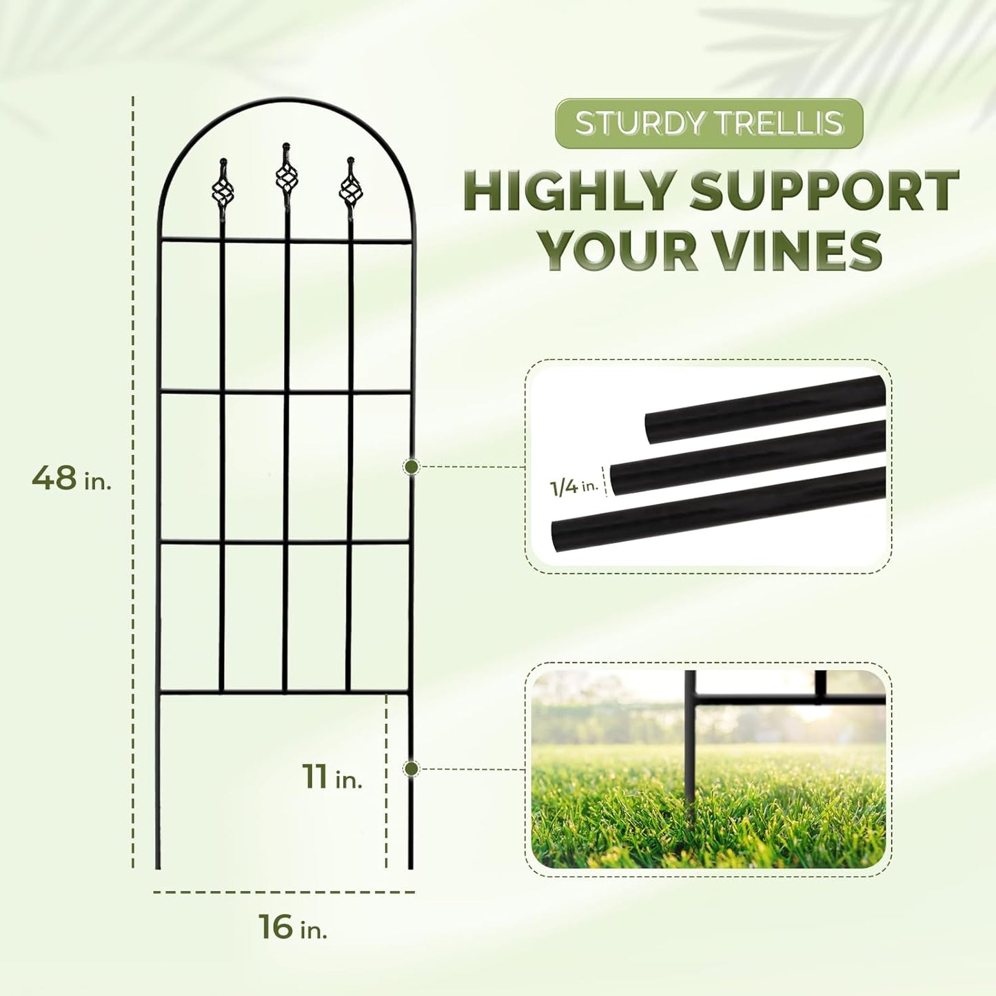 Idzo Decorative Metal Trellis for Climbing Plants Outdoor, Anti-Corrosion Powder Coated Garden Trellis, Sturdy Long Spikes, 48 Inch