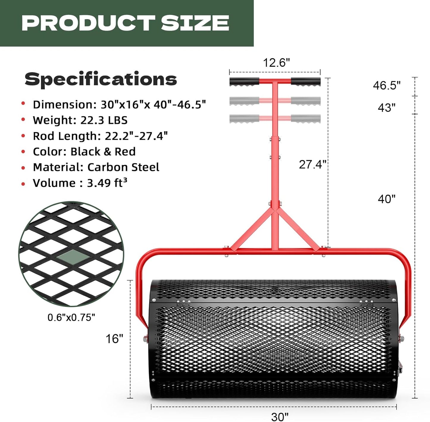 Compost Peat Moss Spreader for Lawn, 30 Inch Compost Roller Spreader with Adjustable T-Shaped Handle, Upgraded Side Clasps, Durable Lightweight Metal Roller, Lawn Garden Yard Care