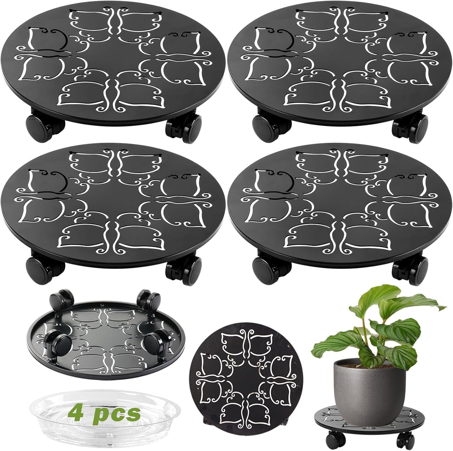 4 Packs 12 inches Large Metal Plant Caddy with Wheels Round Planter Dolly Pot Mover Rollers Wrought Iron Rolling Plant Stands Indoor Outdoor Wheeled Plant Holder Coaster Trolley, Butterfly, Black