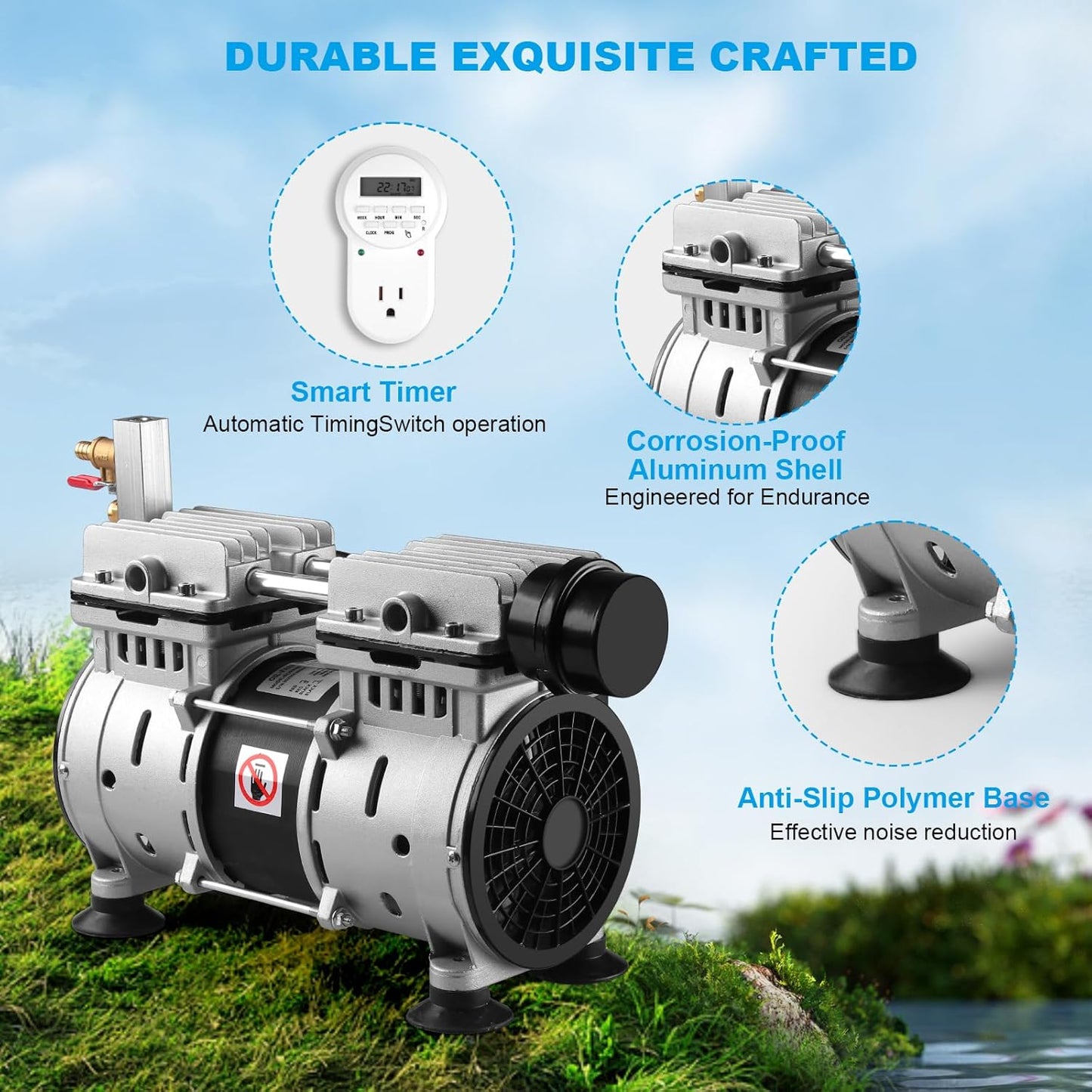 Pond Aerator, Ponds & Lake Aeration System, 5.76CFM for Up to 3 Acre, Includes 3/4 HP Compressor, 100' Weighted Tubing, 2 Diffusers for Outdoor Large Pond & Lake Aerator Pumps Water Oxygen Circulation