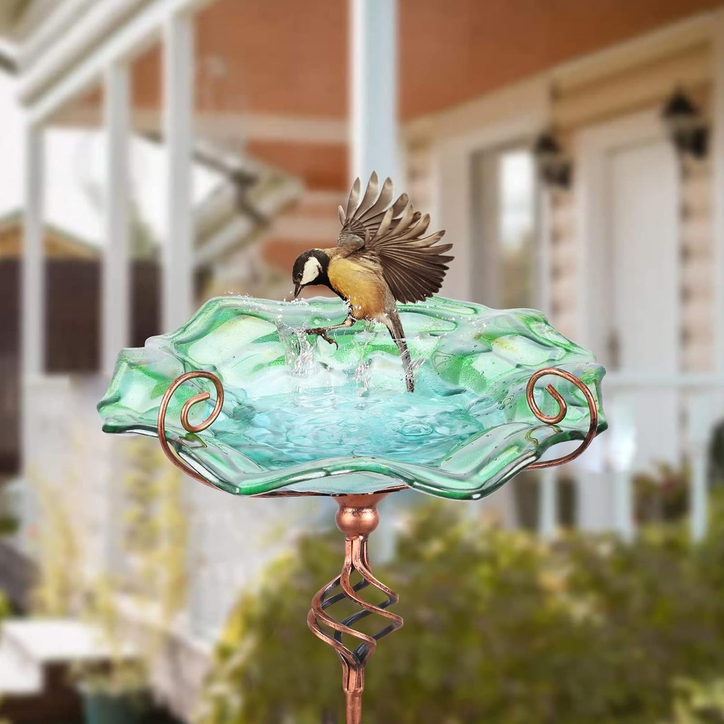 VCUTEKA Bird Bath Glass Outdoor Birdbaths Garden Yard Decor Bird Feeder with Metal Stake Green