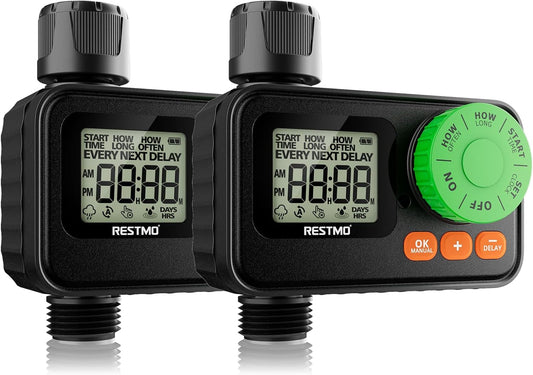 [2 Pack] RESTMO Sprinkler Timer, Programmable Water Timer for Garden Hose, Automatic Digital Control | Manual ON/Off | Rain Delay for Outdoor Faucet, Drip Irrigation and Lawn Watering System