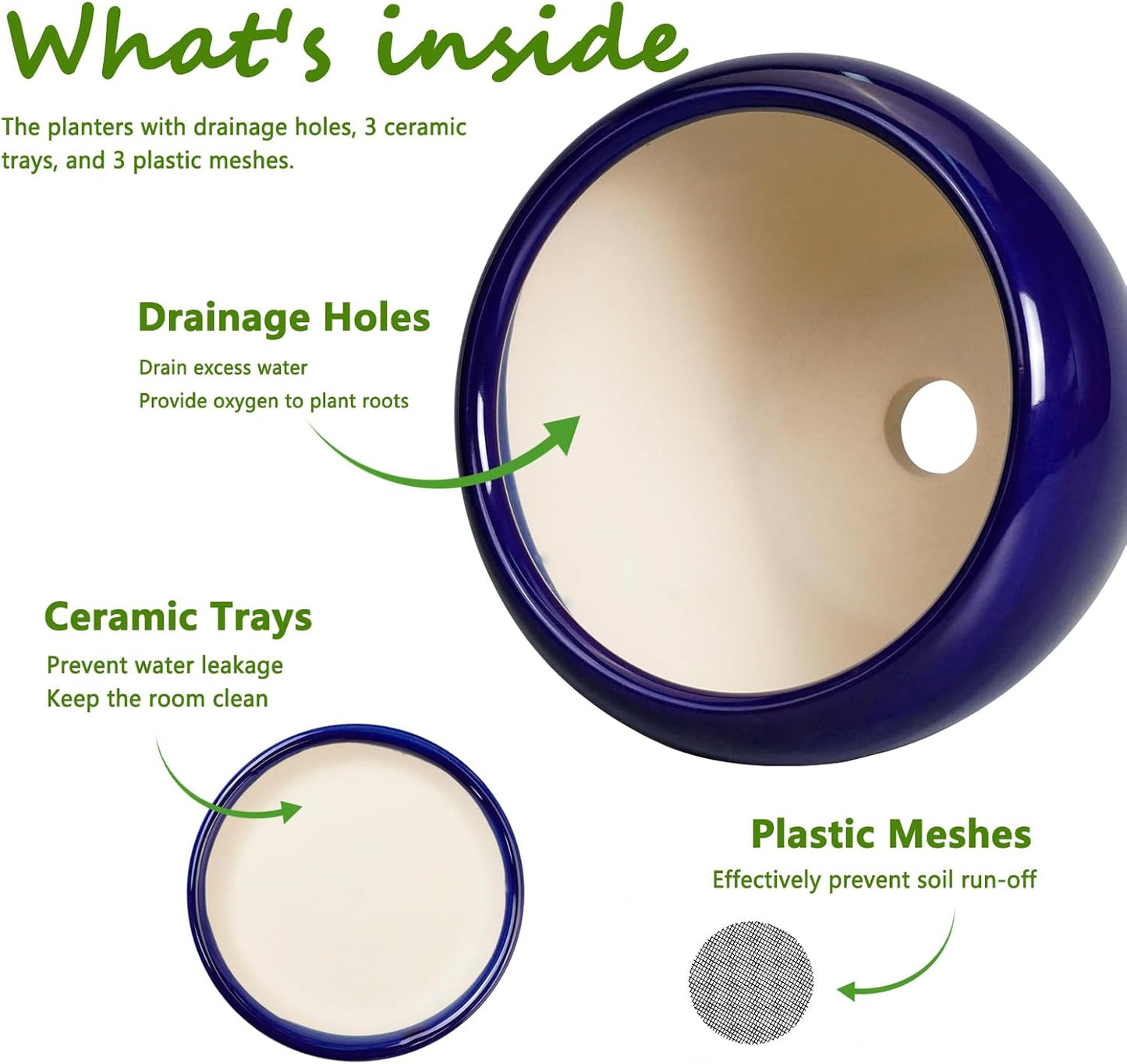 Flower Pots for Indoor Plants- Ceramic Pots for Plants 10 Inch 8 Inch 6 Inch Plant Pots with Drainage Holes and Saucers Decorative Large Planters for Outdoor Plants Set of 3 Blue