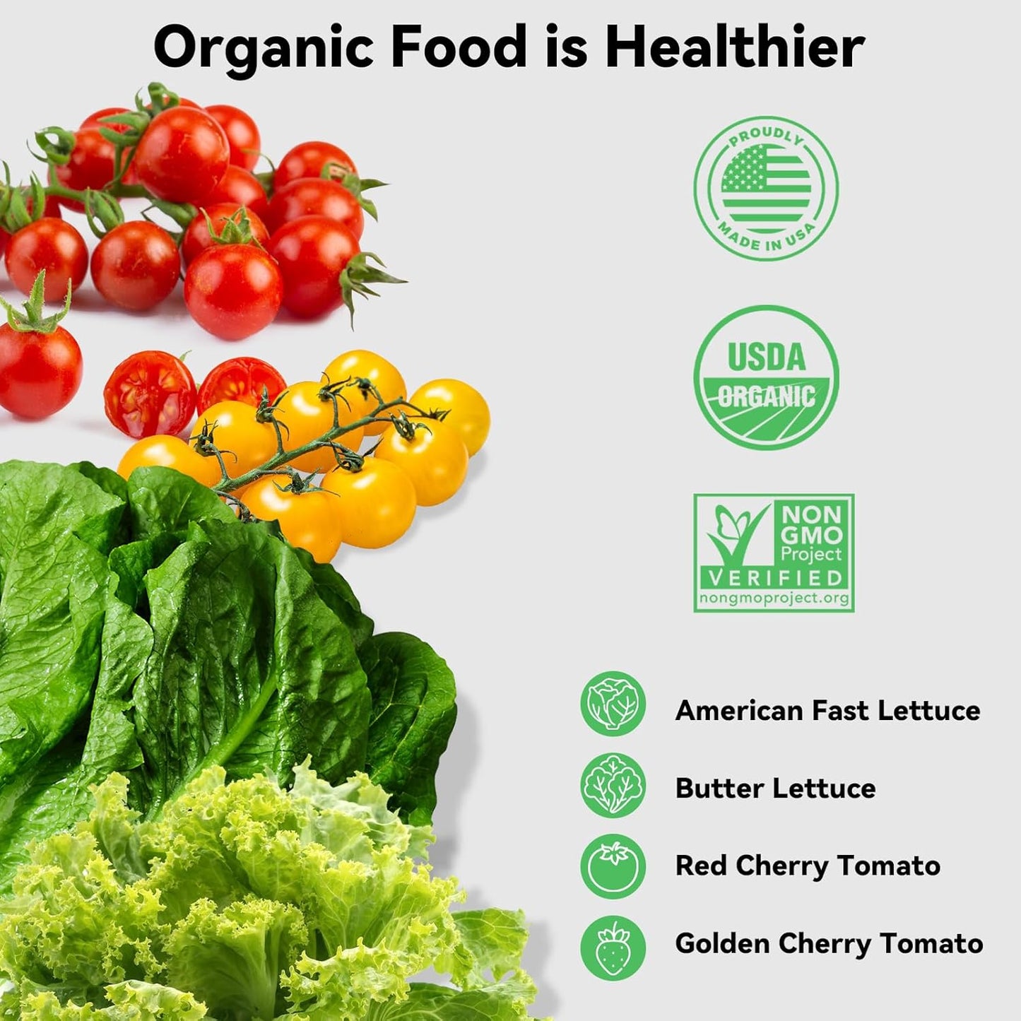 inbloom Organic Salad Green Seed Pod Kit for AeroGarden, Ahopegarden Hydroponics Growing System, Low-Calorie Food, 7-Pods (350+ Seeds, Include Fast and Butter Lettuce, Red and Golden Cherry Tomato)