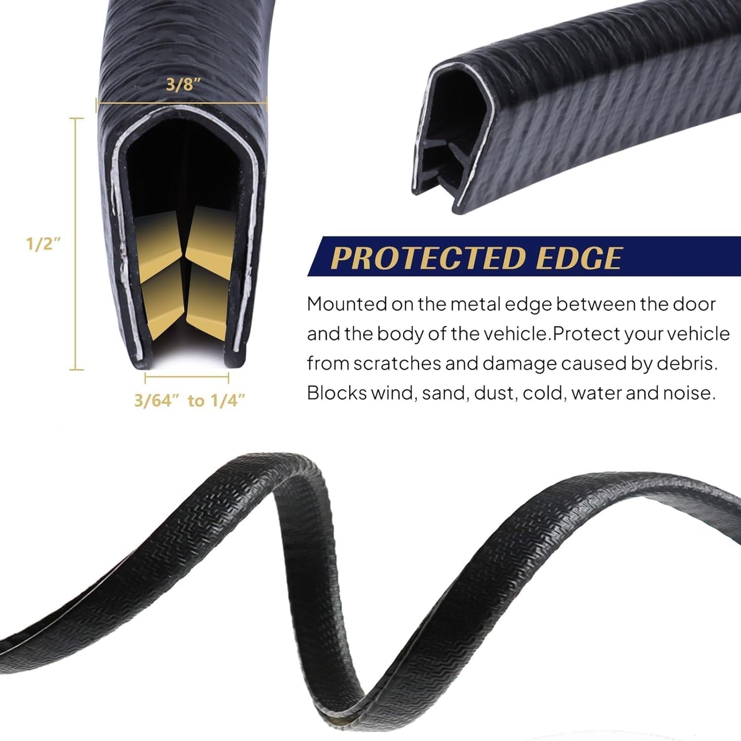 Edge Trim Black U-Channel Rubber Trim Edge with Metal 1/2" X 3/8" - Fit Gap 3/64" to1/4 Car Door Edge Sealing Strip, PVC Weather Stripping with Steel, Metal Edge Protector, 32FT