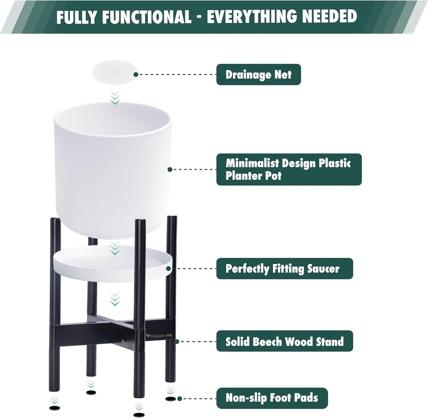 D'vine Dev Planter Pot with Stand - 14 Inch Plastic Cylinder Flower Pot with Wood Planter Holder for Indoor, Matte White Pot + Ebony Stand, 55-C-T-1